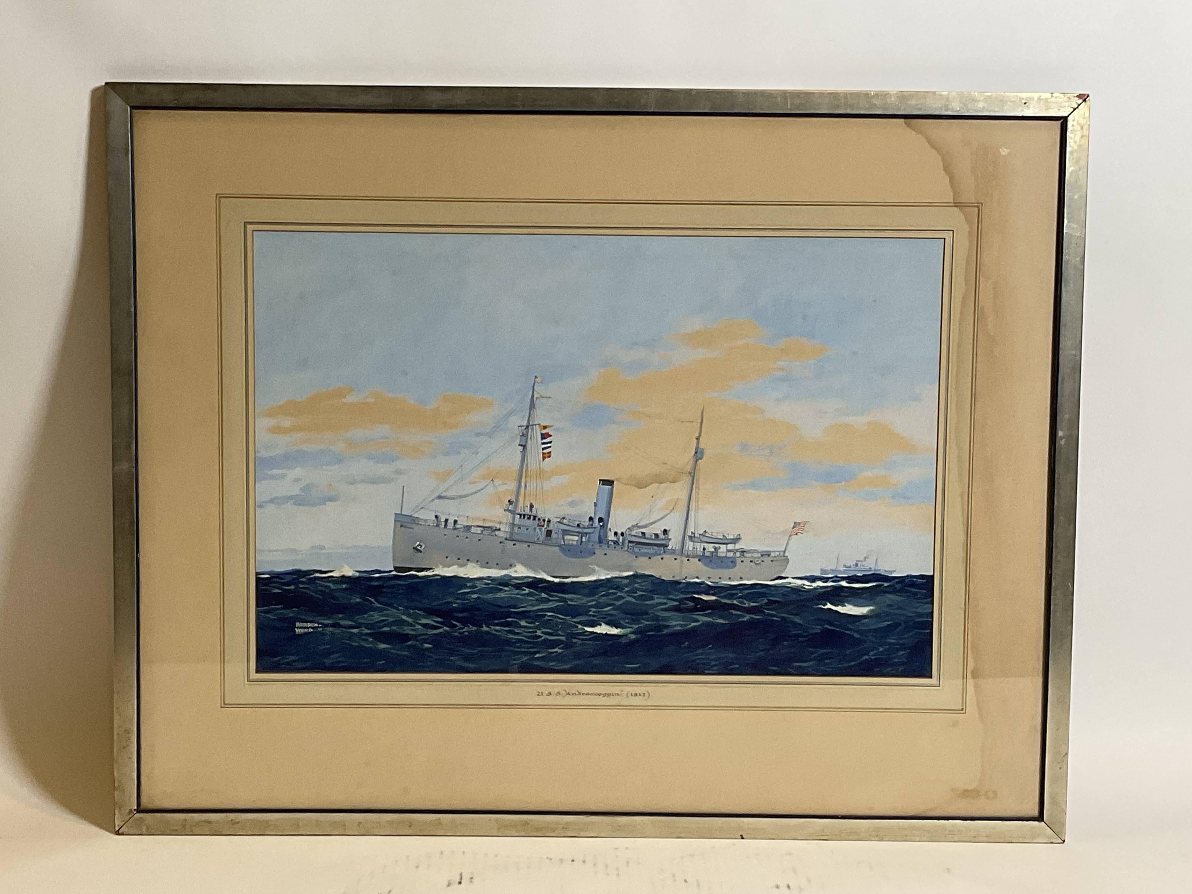 USS Androscoggin is shown steaming through moderate seas in this highly detailed gouache signed by Worden Wood. She served the U.S. Coast Guard and U.S. Navy. Launched in 1907 by Pusey and Jones. Commissioned in Arundel Cove Maryland. Length was 210
