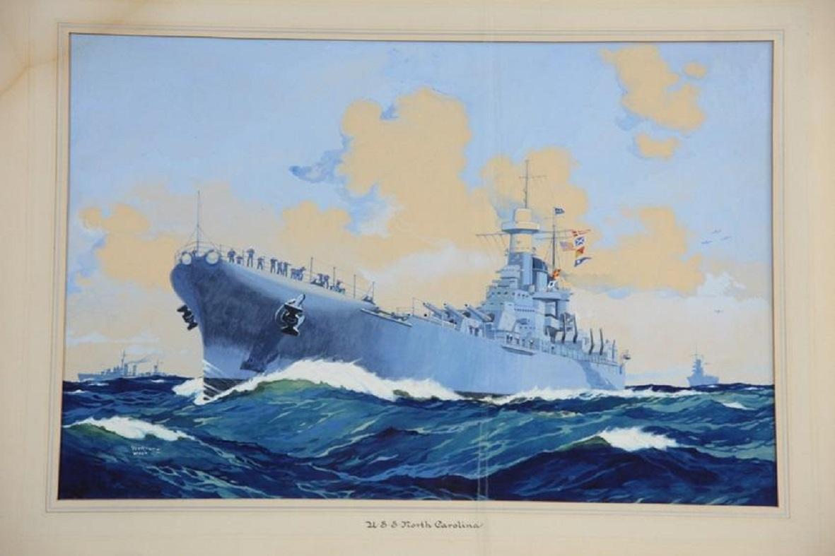 Gouache of the US Navy warship USS NORTH CAROLINA. She was the lead ship of the North Carolina Class of Battleships. She is seen in an off bow view plying through heavy seas. Signed Worden Wood.