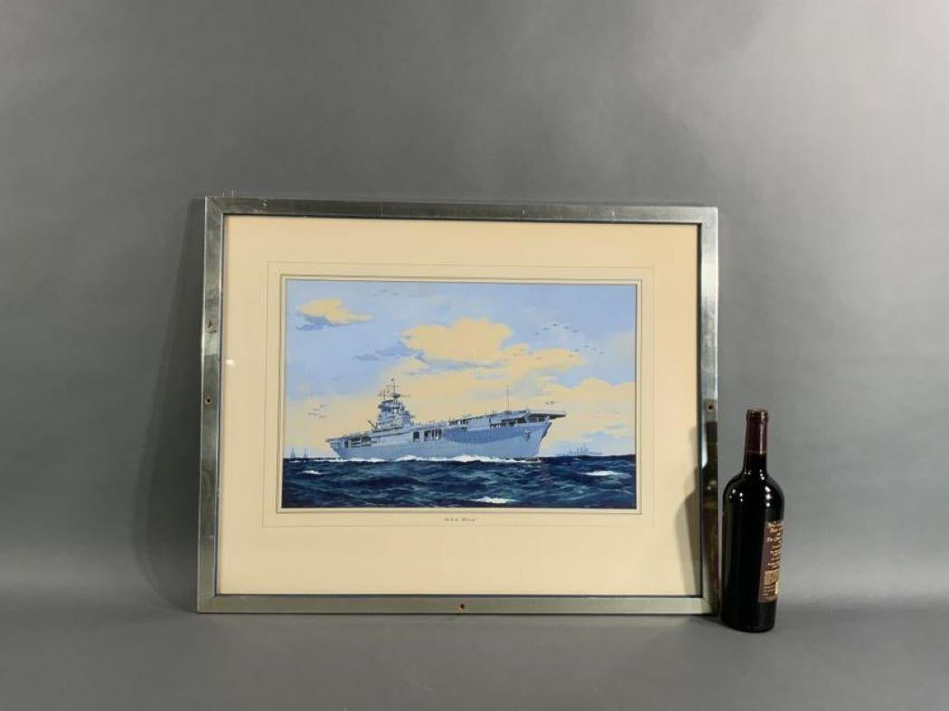 Gouache painting showing the iconic aircraft carrier USS WASP as painted by legendary Marine artist Worden Wood. The WASP is shown in great detail with crew and aircraft on deck, and three other warships in the distance. Unsigned. Matted and framed.