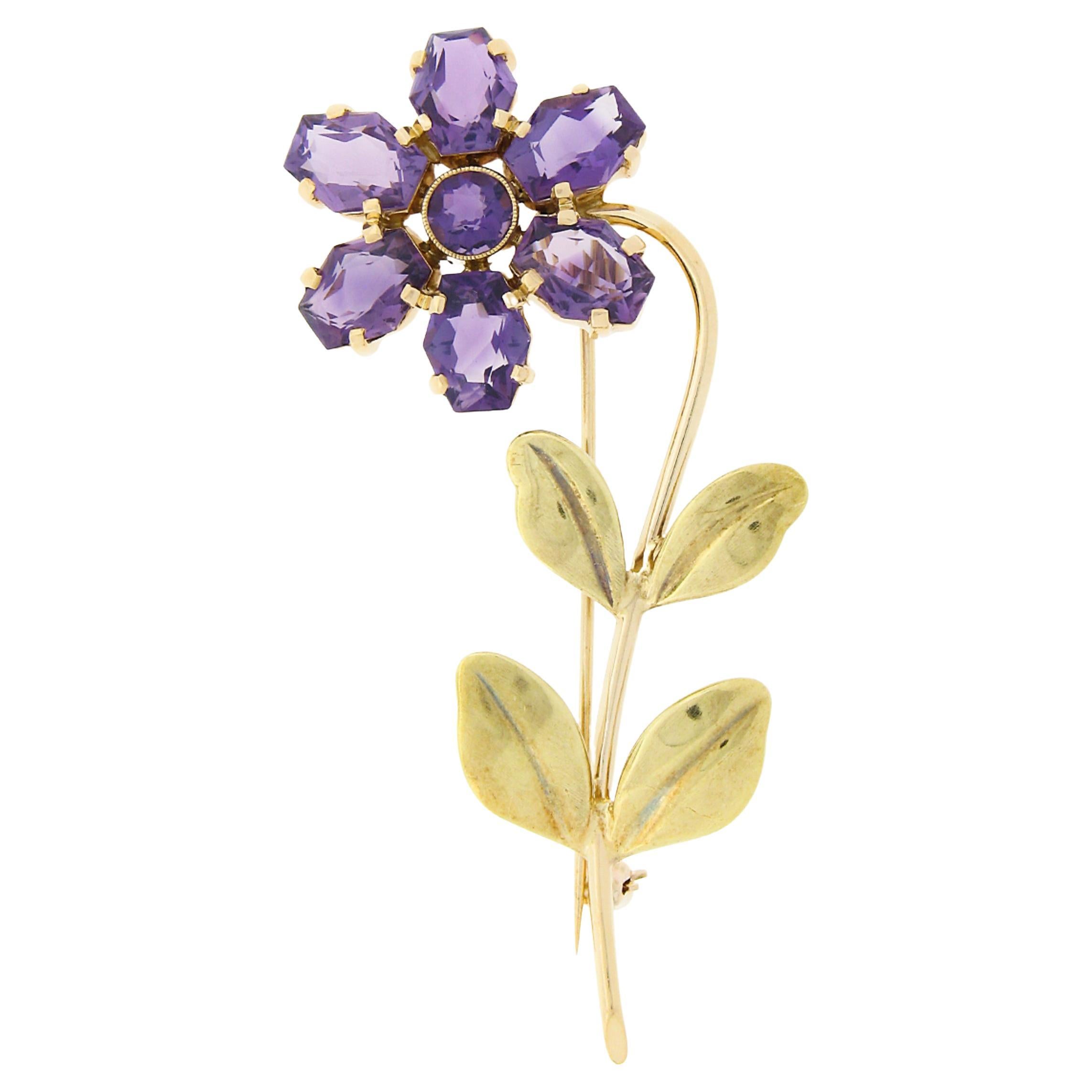 Wordley, Allsopp & Bliss 14k Two Tone Gold 10.55ctw Amethyst Flower Brooch Pin