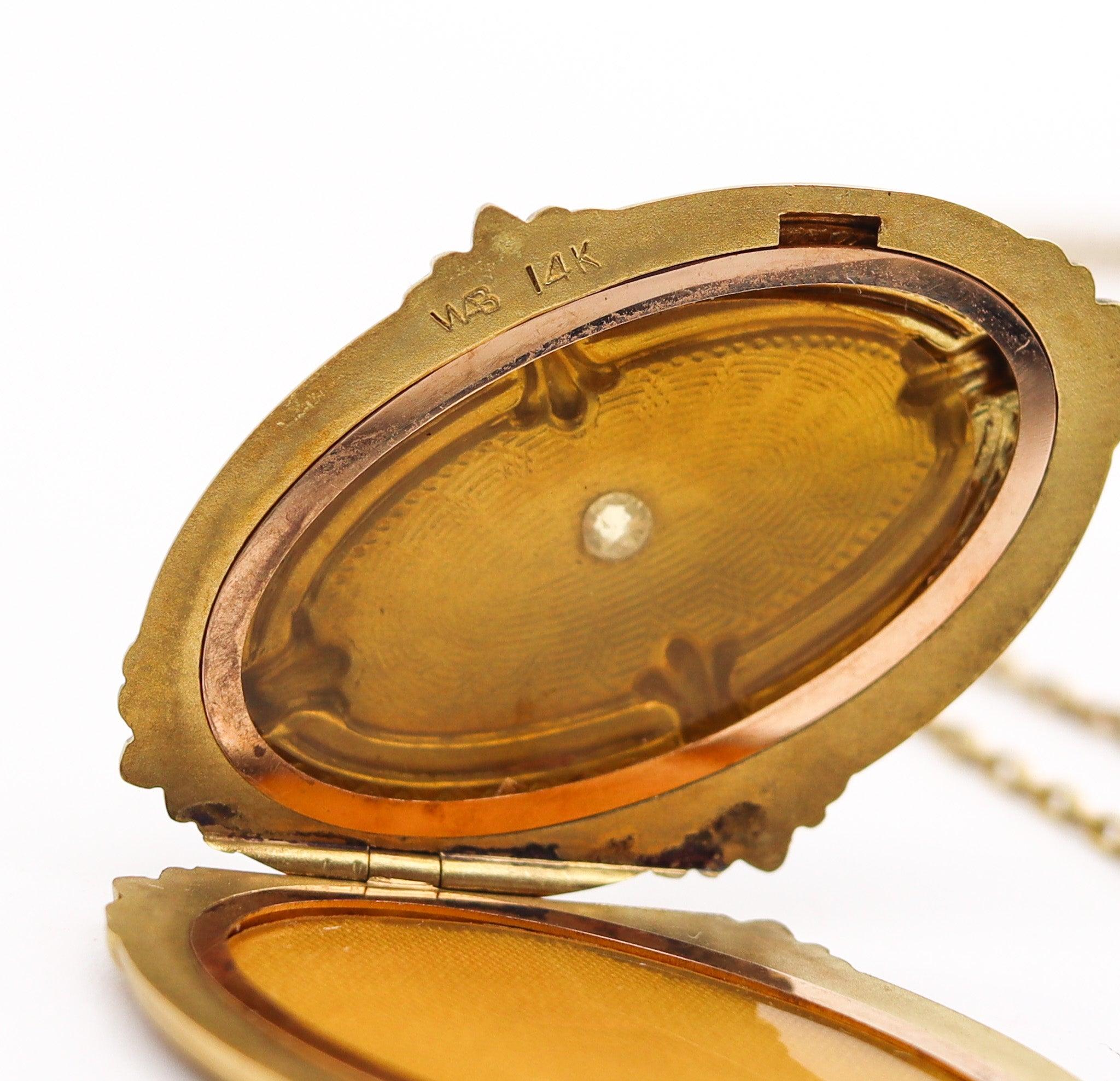 WORDLEY ALLSOPP & BLISS 1910 Collana edoardiana con smalto guilloché in oro 14Kt in vendita 4