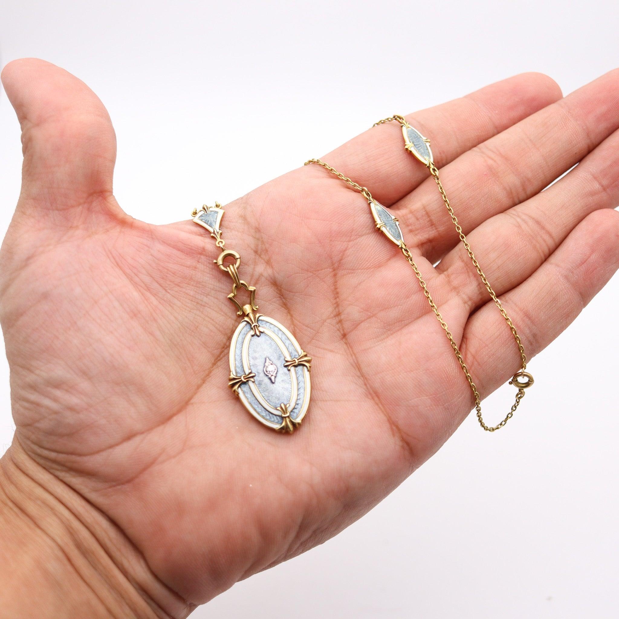WORDLEY ALLSOPP & BLISS 1910 Collana edoardiana con smalto guilloché in oro 14Kt in vendita 5