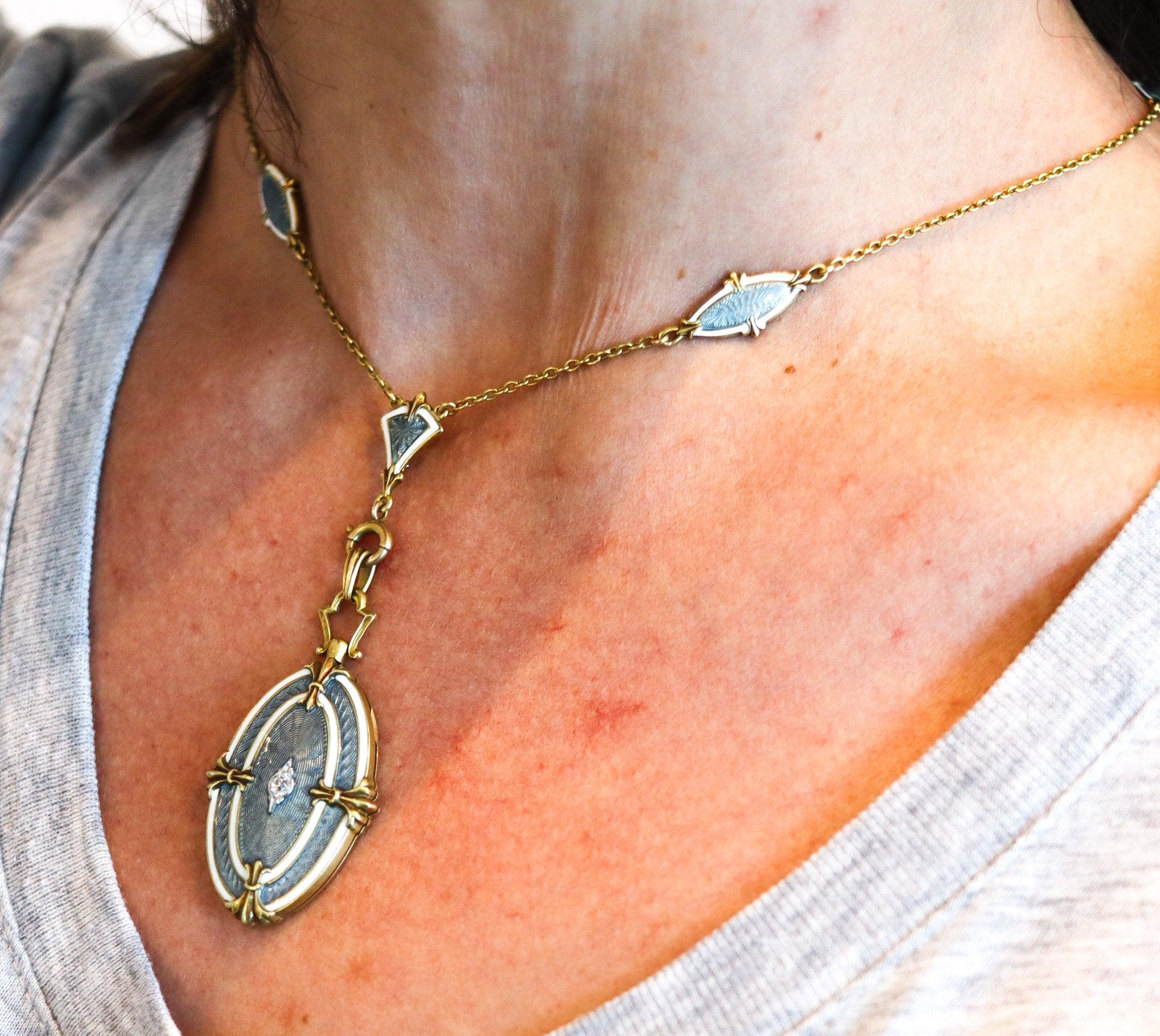 Edoardiano WORDLEY ALLSOPP & BLISS 1910 Collana edoardiana con smalto guilloché in oro 14Kt in vendita