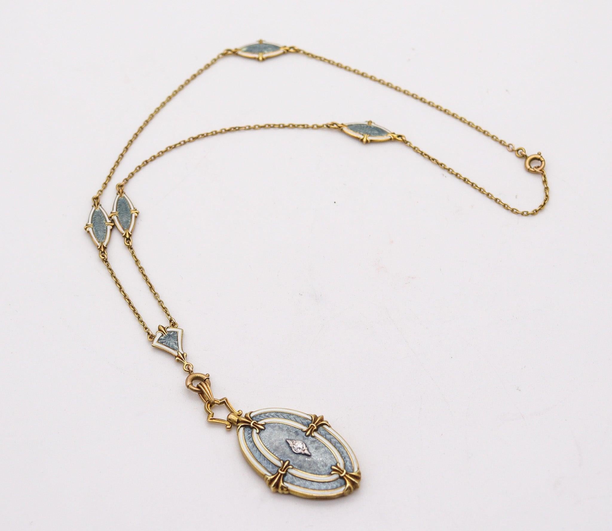 WORDLEY ALLSOPP & BLISS 1910 Collana edoardiana con smalto guilloché in oro 14Kt In condizioni ottime in vendita a Miami, FL