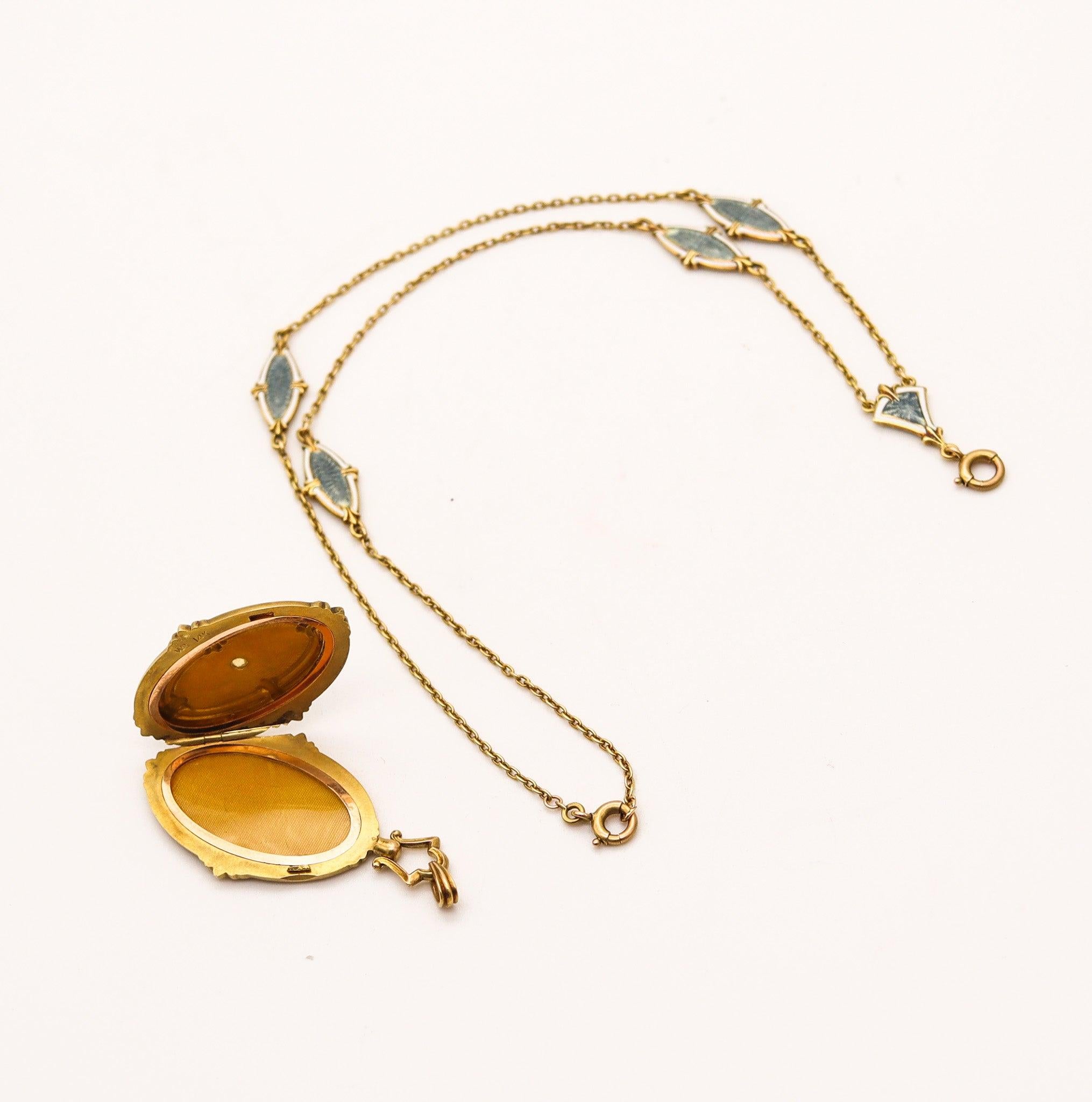 WORDLEY ALLSOPP & BLISS 1910 Collana edoardiana con smalto guilloché in oro 14Kt in vendita 2