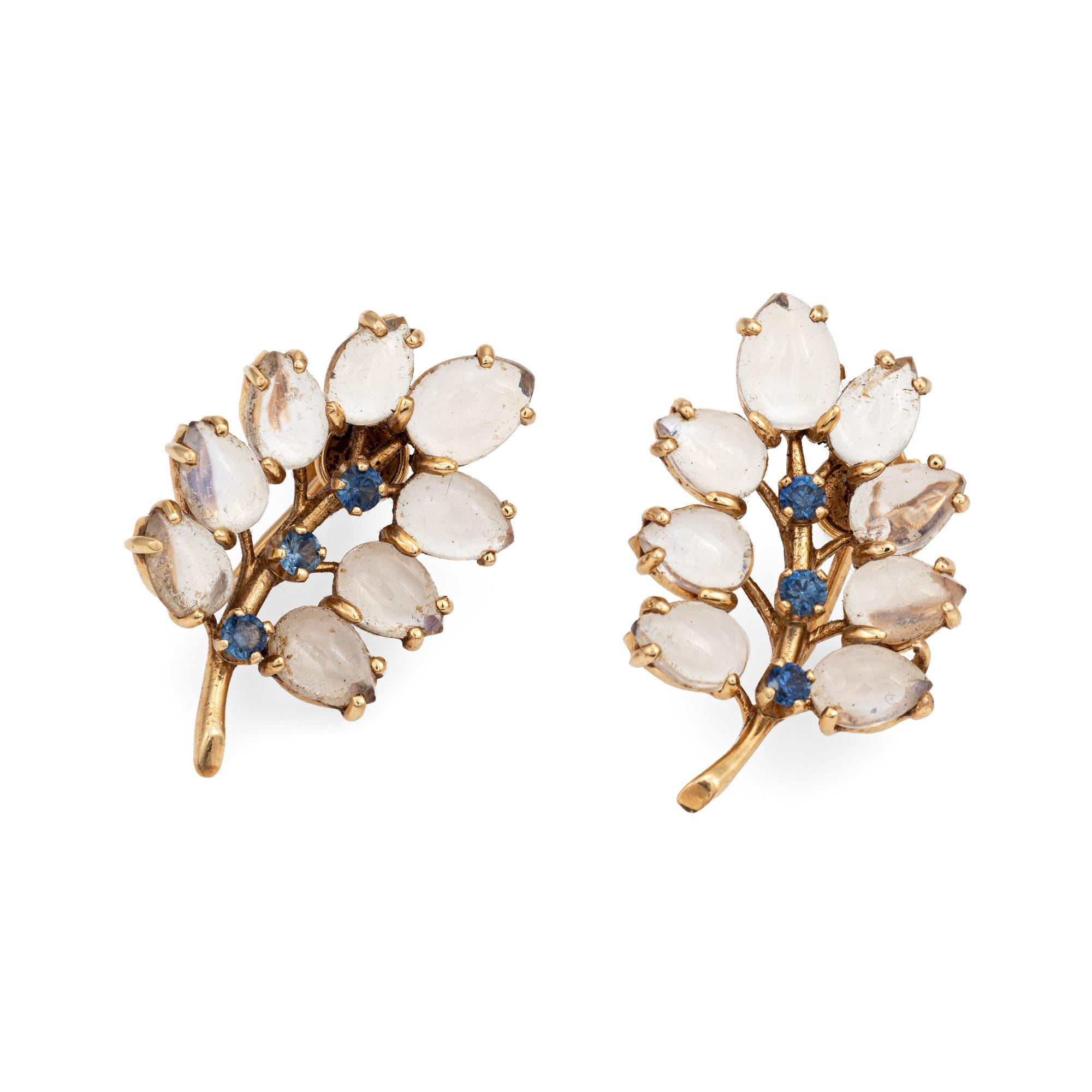Stylish pair of vintage Wordley, Allsopp & Bliss moonstone earrings crafted in 14k yellow (circa 1940s). 

16 cabochon cut moonstones range in size from 6mm x 4mm and 7mm x 5mm.  Six cornflower bllue sapphires total an estimated 0.12 carats. The