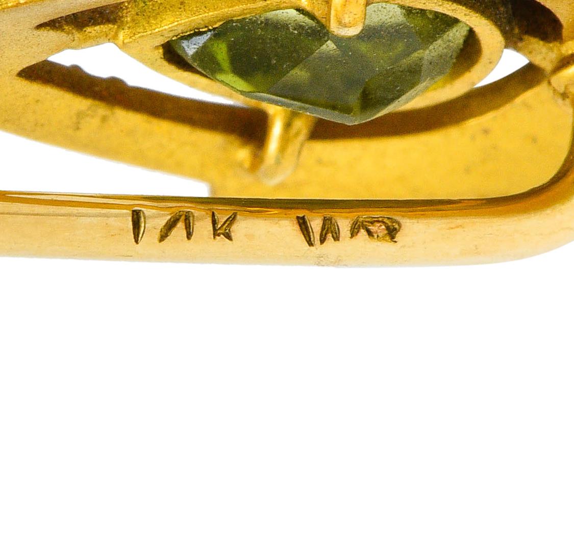 Art Nouveau Wordley Allsopp & Bliss Peridot Enamel 14 Karat Gold Fleur-De-Lis Stickpin
