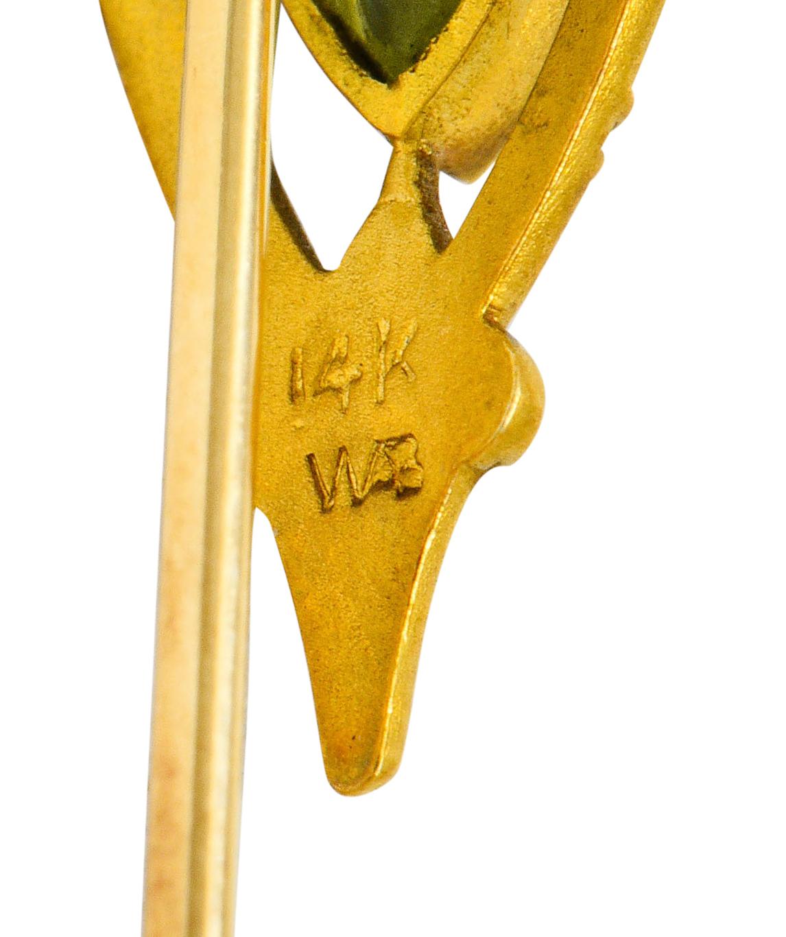 Pear Cut Wordley Allsopp & Bliss Peridot Enamel 14 Karat Gold Fleur-De-Lis Stickpin