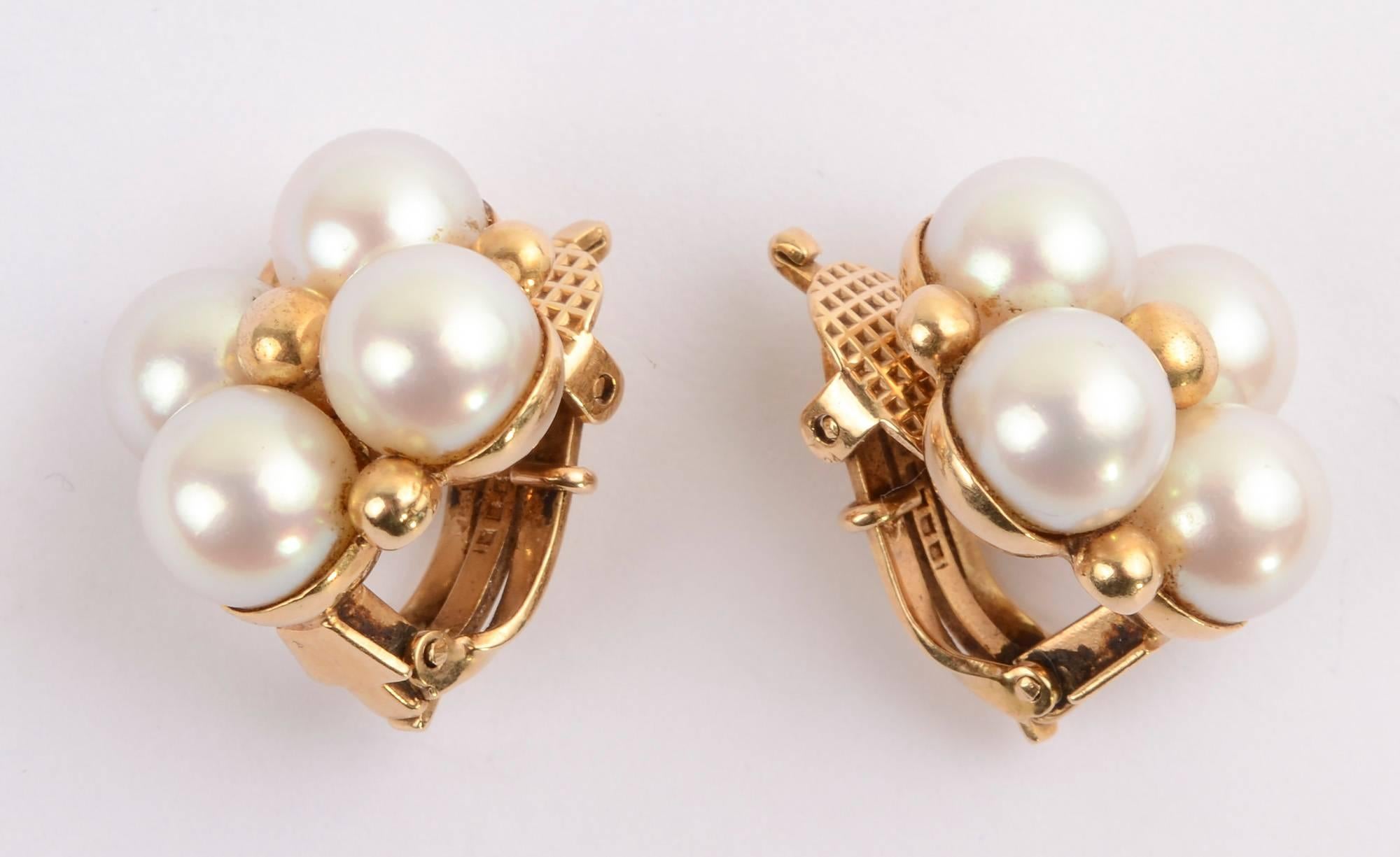 Retro Wordley, Alsopp and Bliss Pearl Cluster Gold Earrings For Sale