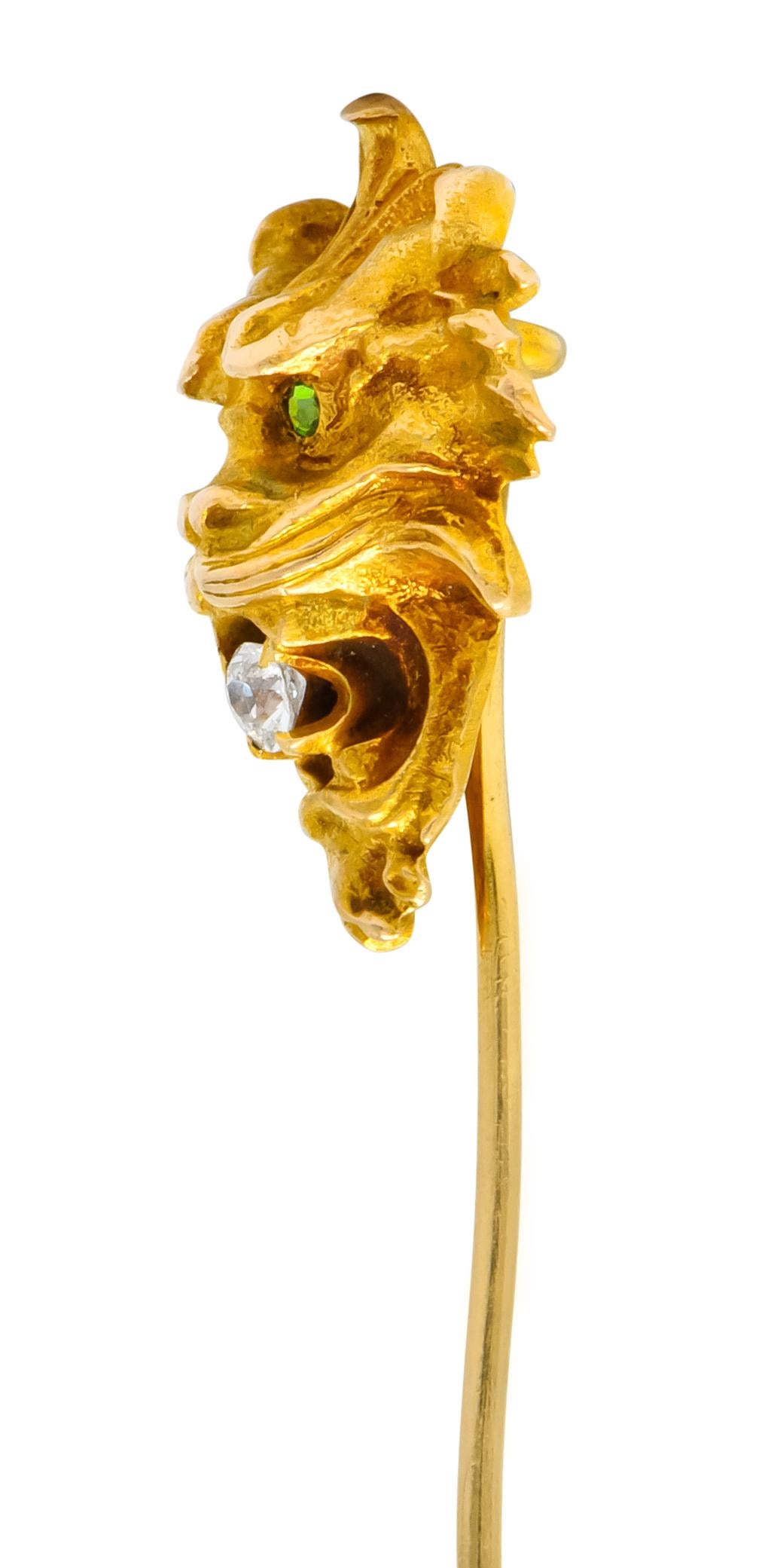 Retro Wordley Alsopp & Bliss Diamond Demantoid Garnet 14 Karat Gold Tiger Stickpin For Sale