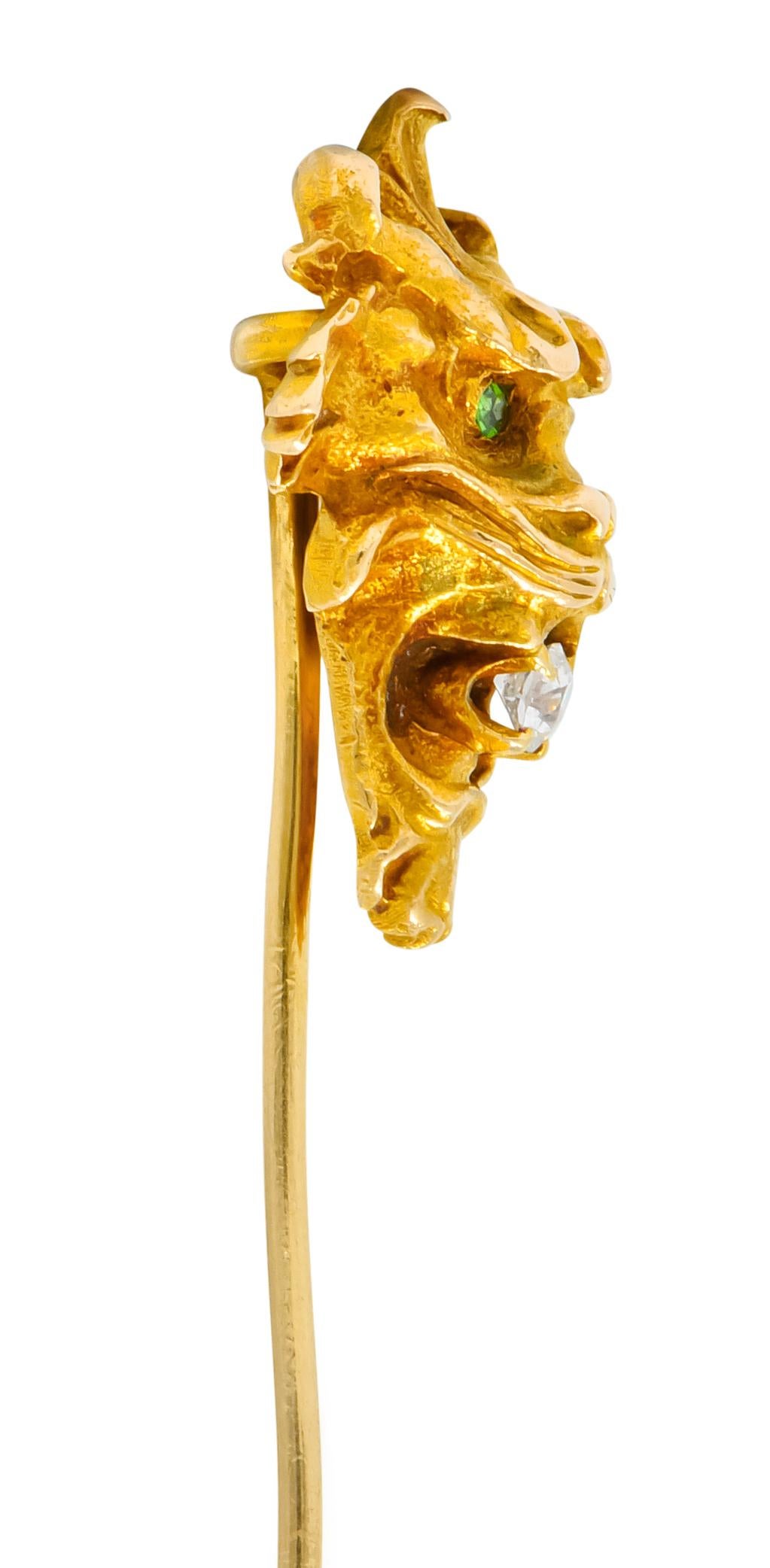 Wordley Alsopp & Bliss Diamond Demantoid Garnet 14 Karat Gold Tiger Stickpin In Excellent Condition For Sale In Philadelphia, PA