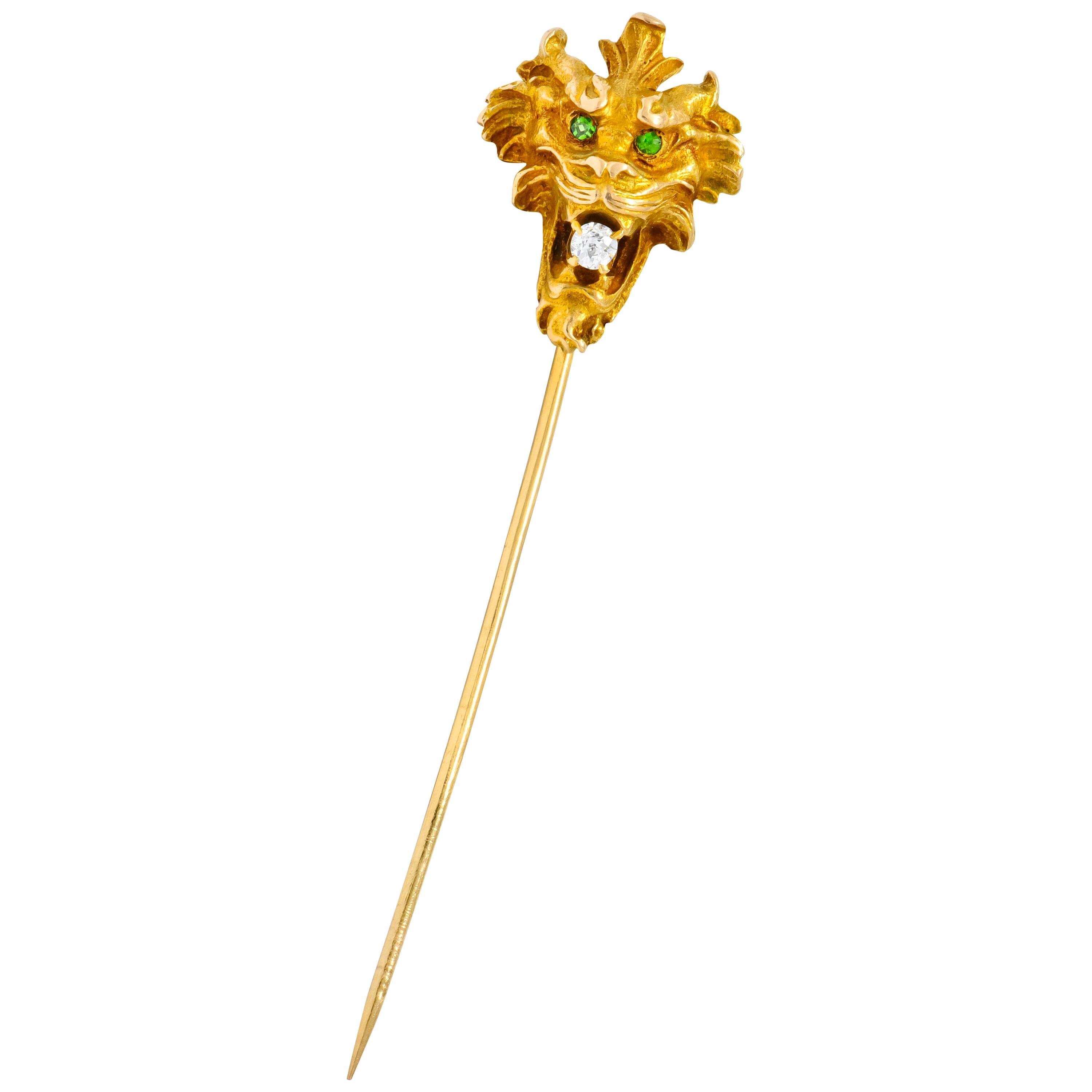 Wordley Alsopp & Bliss Diamond Demantoid Garnet 14 Karat Gold Tiger Stickpin