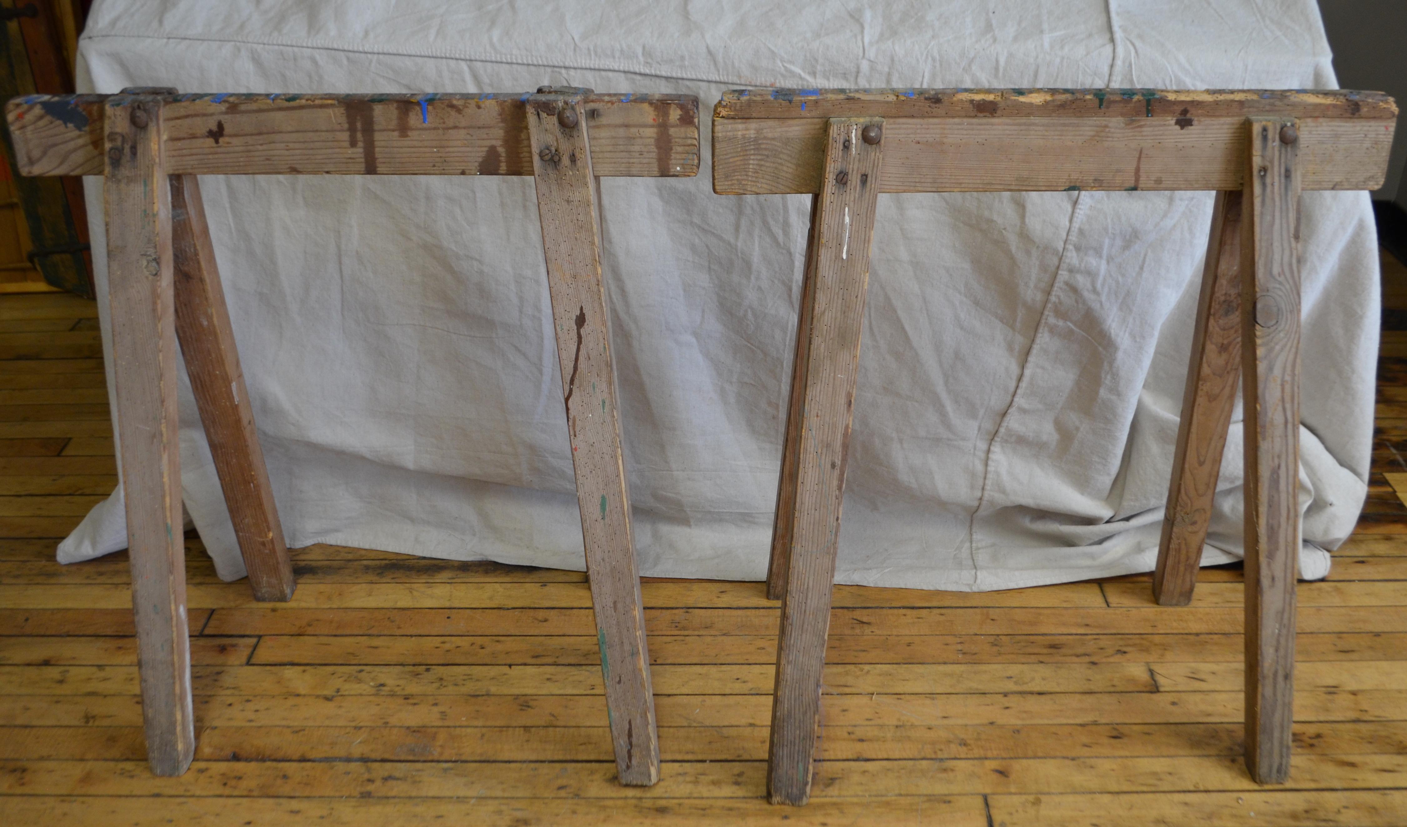 Work Harvest Table from France on Sawhorse Legs, Primitive with Painter Patina For Sale 6