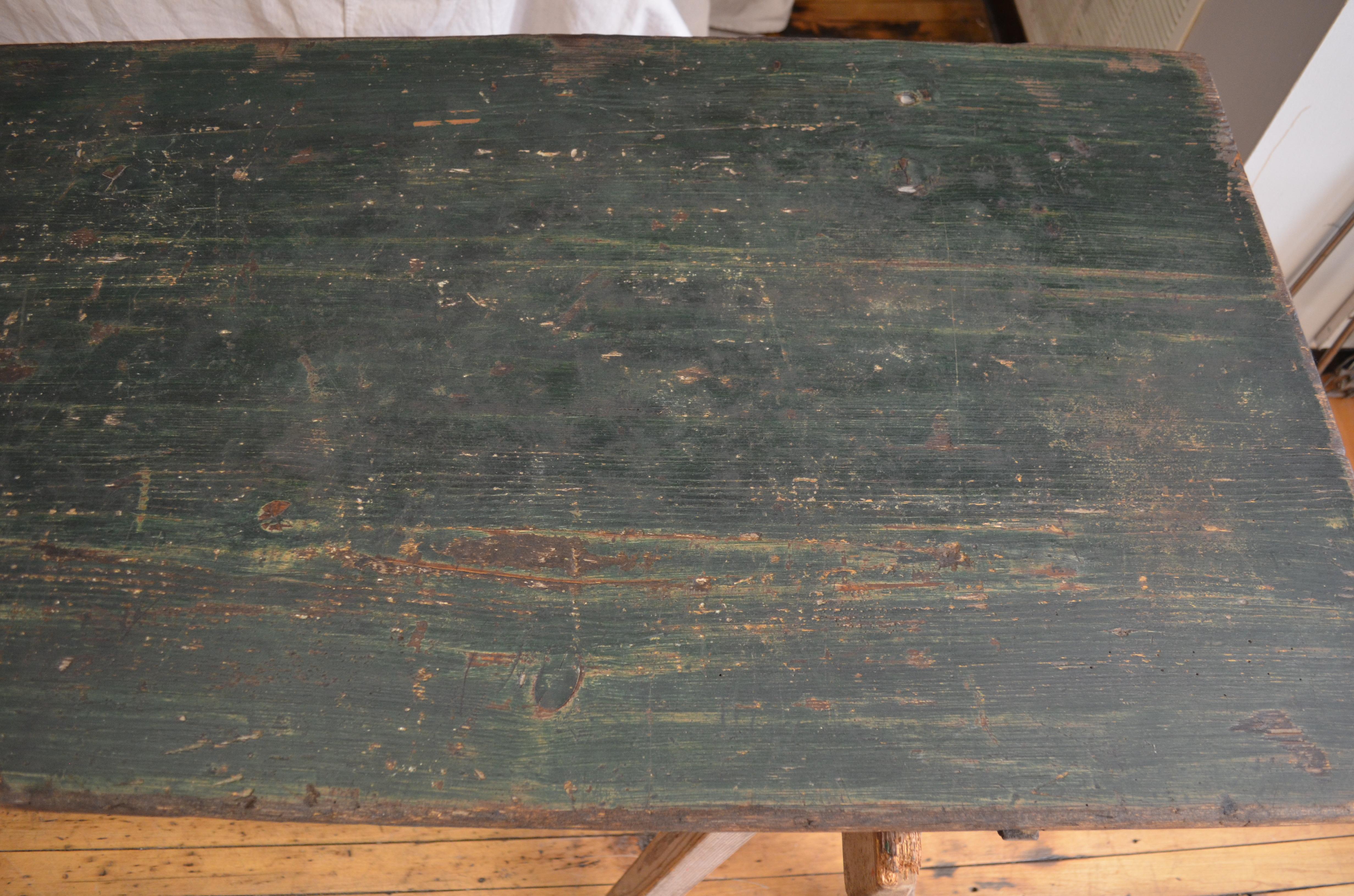 Work Harvest Table from France on Sawhorse Legs, Primitive with Painter Patina For Sale 13