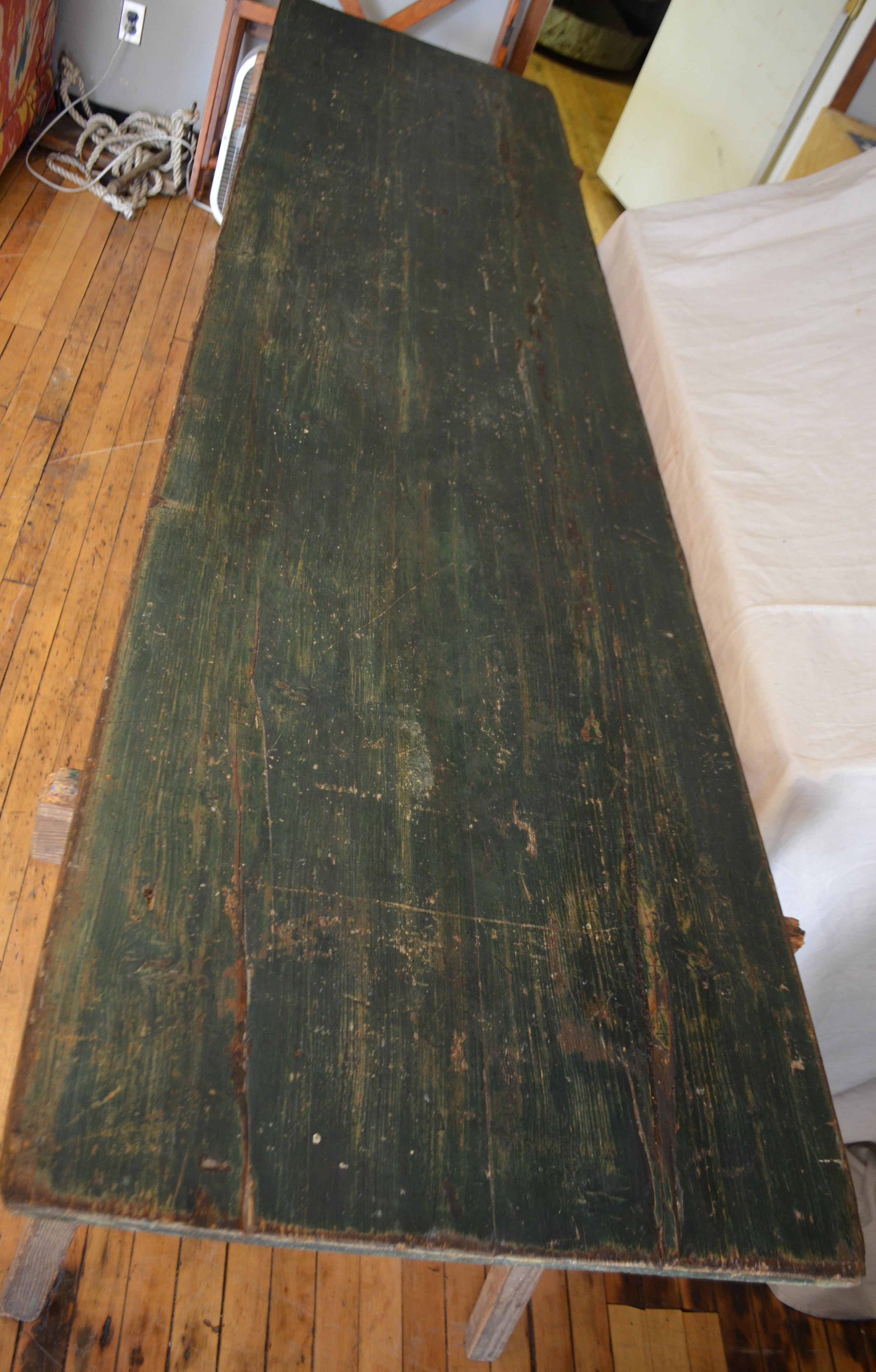 French Work Harvest Table from France on Sawhorse Legs, Primitive with Painter Patina For Sale