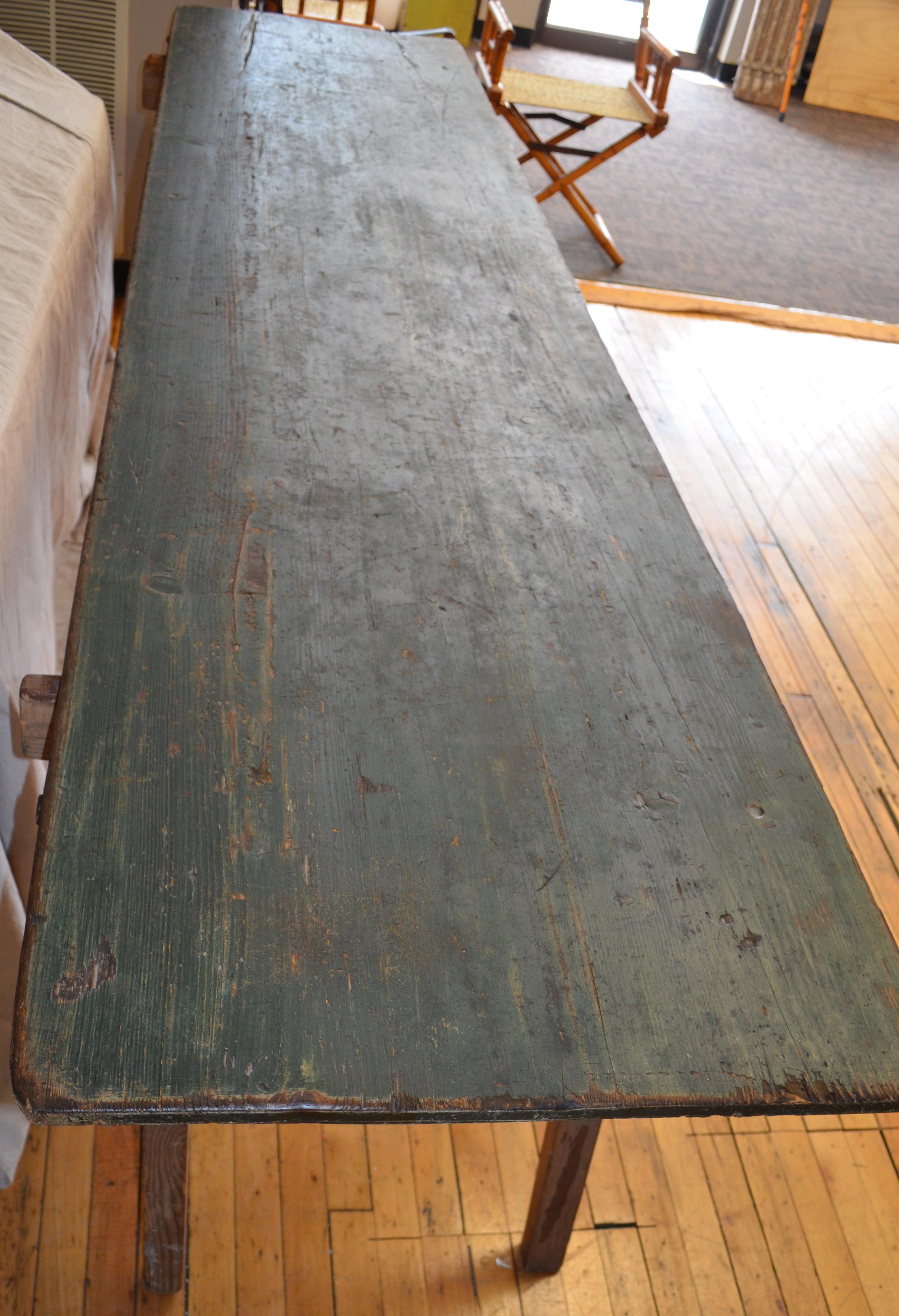 20th Century Work Harvest Table from France on Sawhorse Legs, Primitive with Painter Patina For Sale