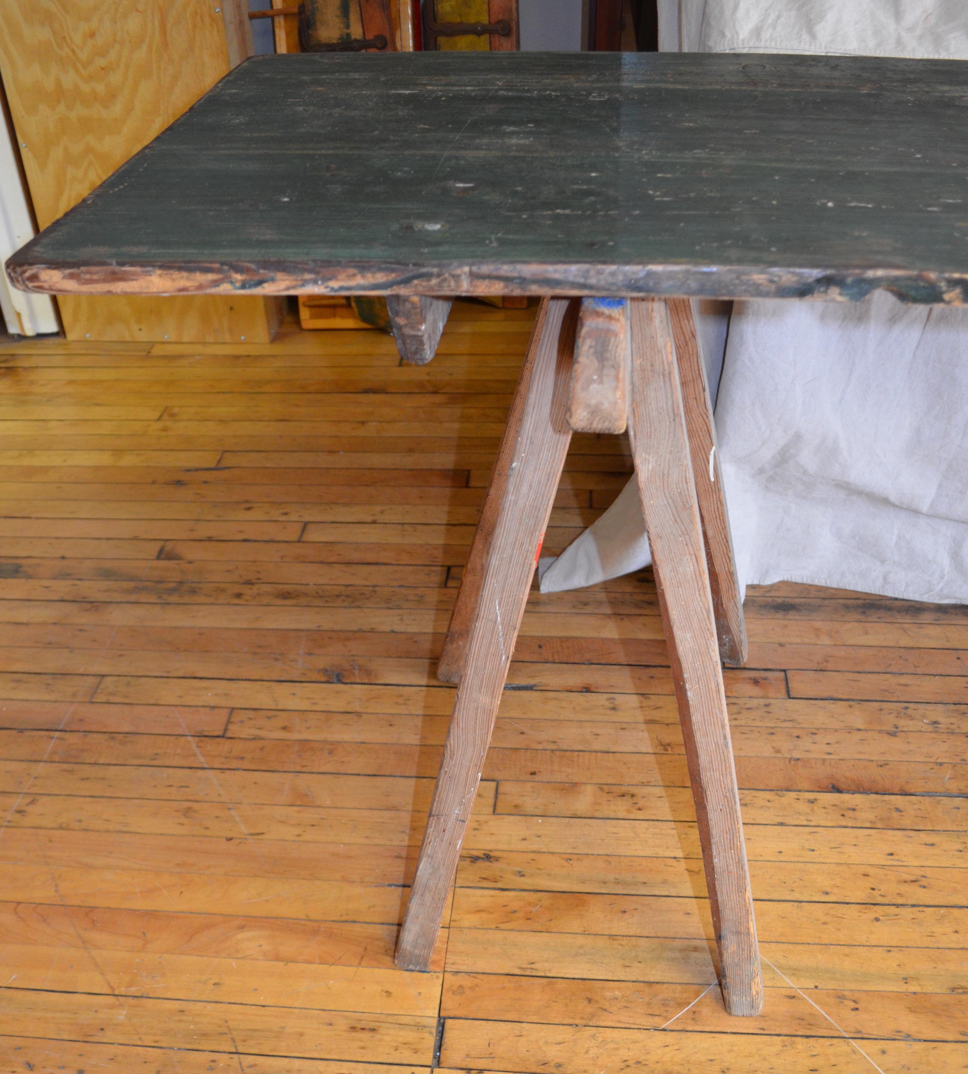 Fir Work Harvest Table from France on Sawhorse Legs, Primitive with Painter Patina For Sale