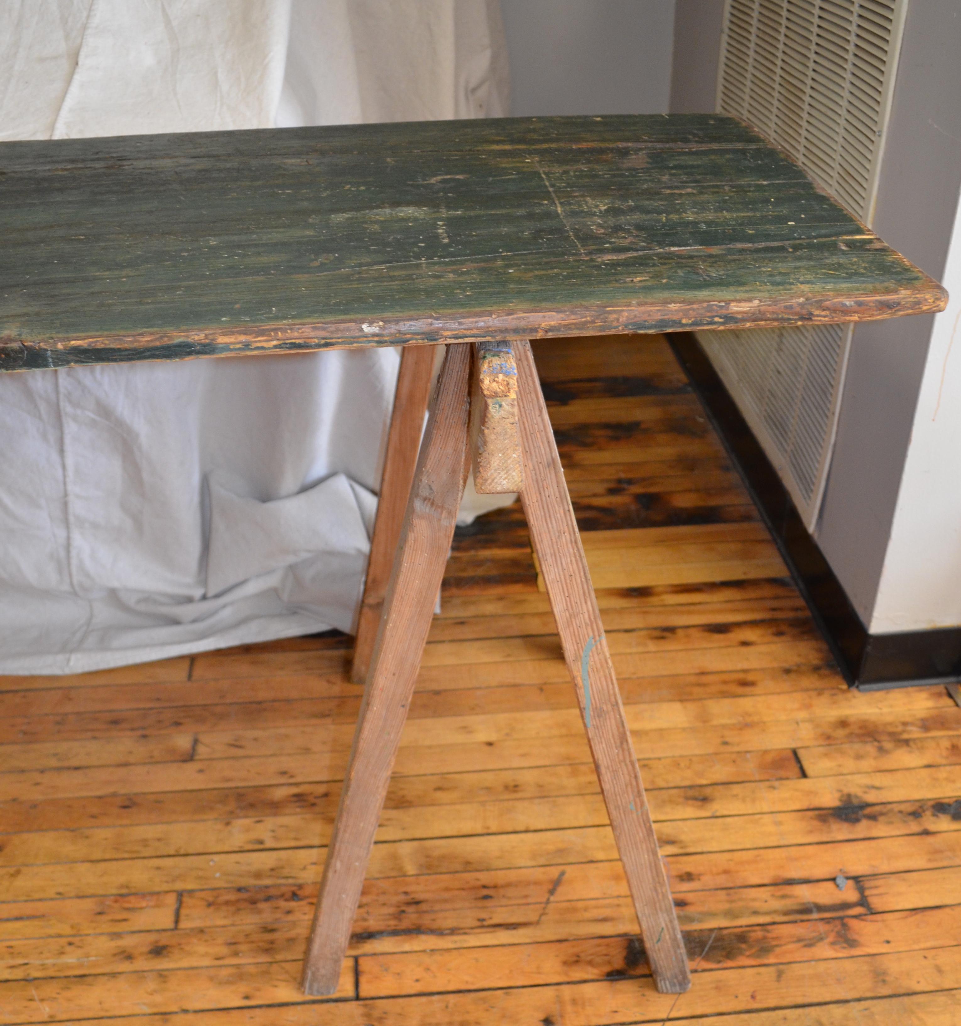 Work Harvest Table from France on Sawhorse Legs, Primitive with Painter Patina For Sale 1