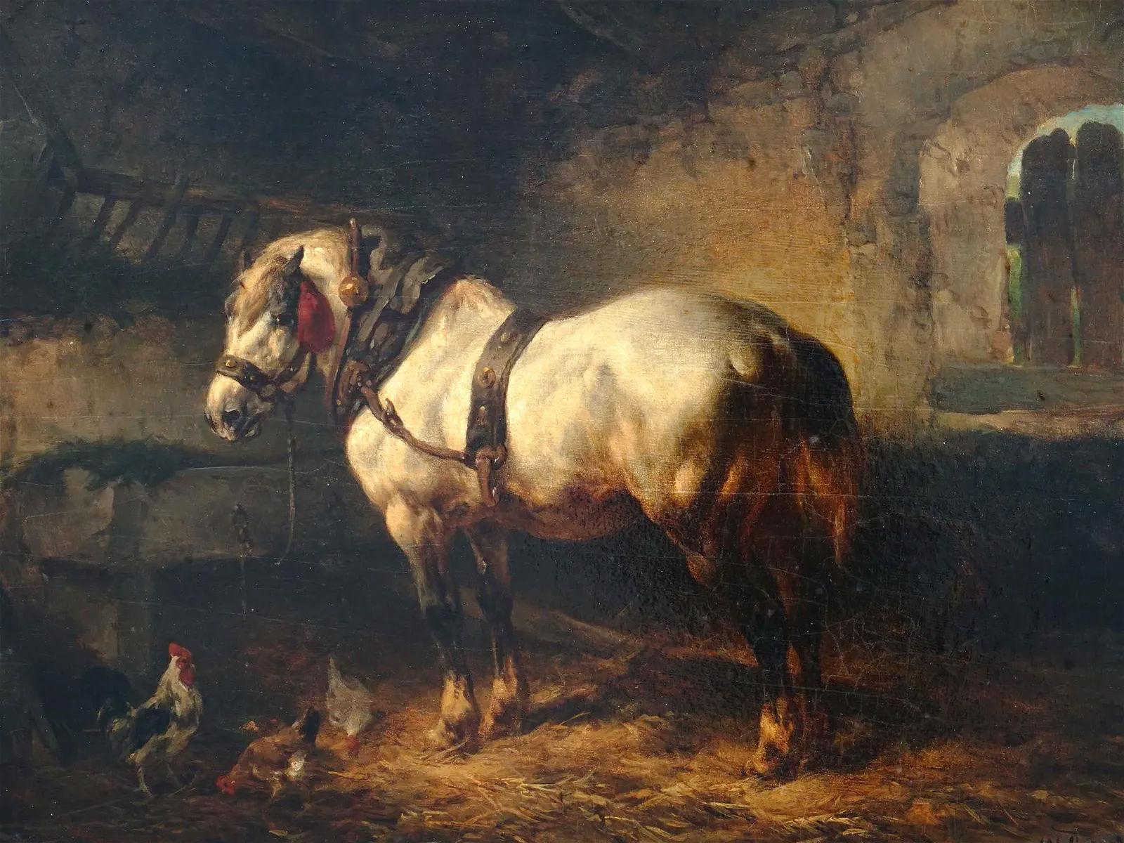 Hand-Painted Work Horse Oil Painting by Wouterus Verschuur I For Sale