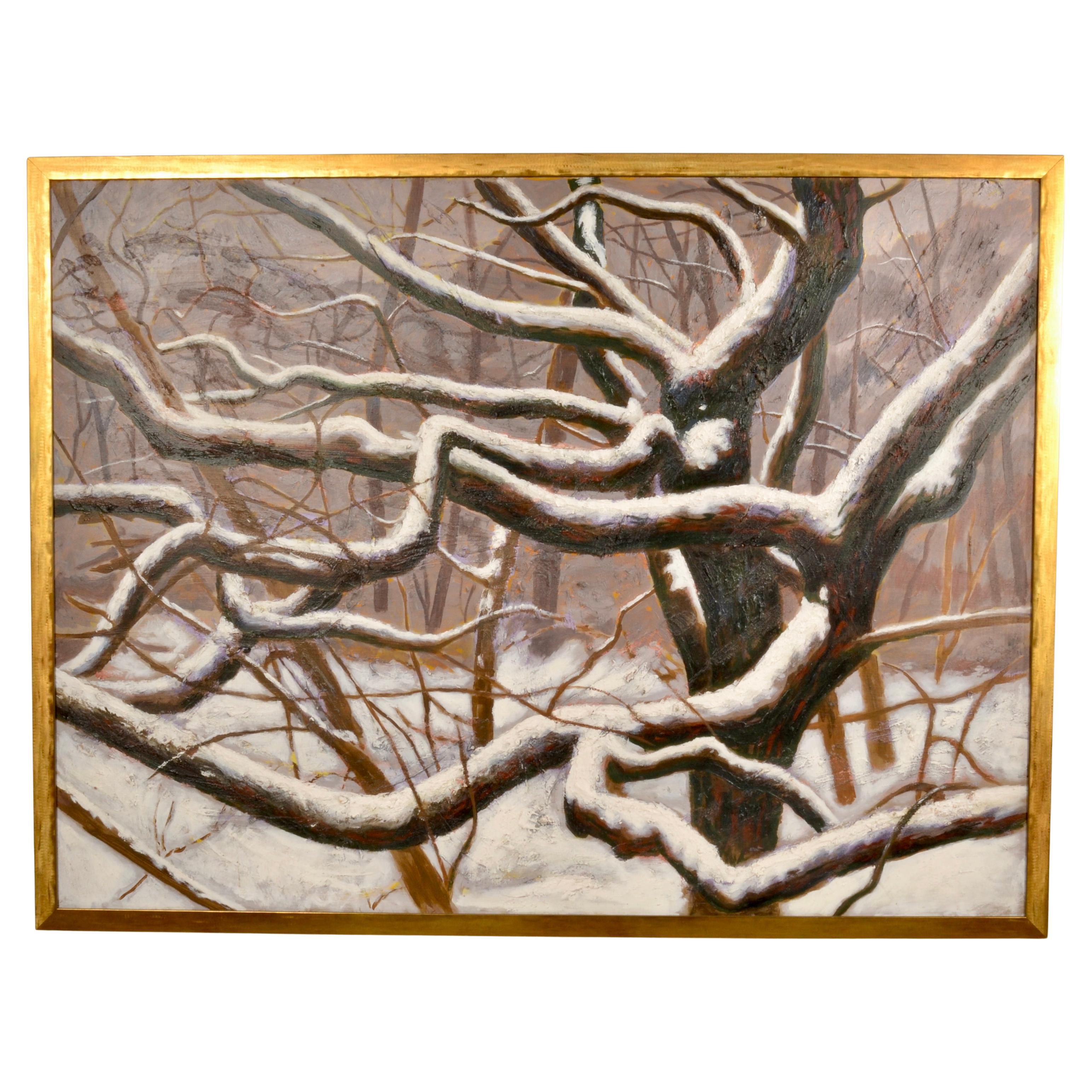 Travail sur carton représentant des Woods enneigés, USA c 1980