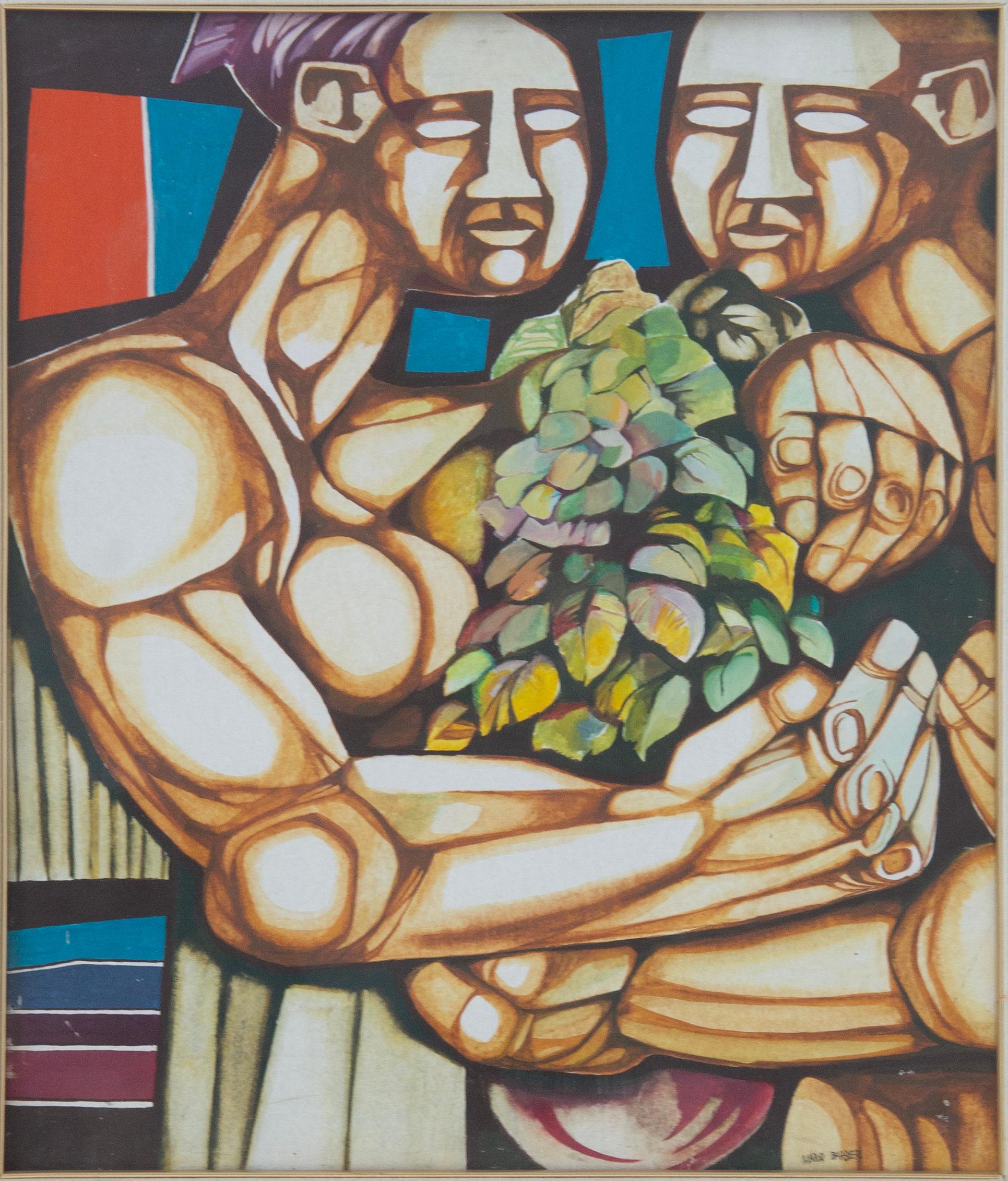 The work is attributable to the painter Mario Barbieri, dated 1977. The scene depicts two monumental, stylized, and geometric male figures clutching a bunch of grapes or a branch of leaves in their arms.
The style is strongly