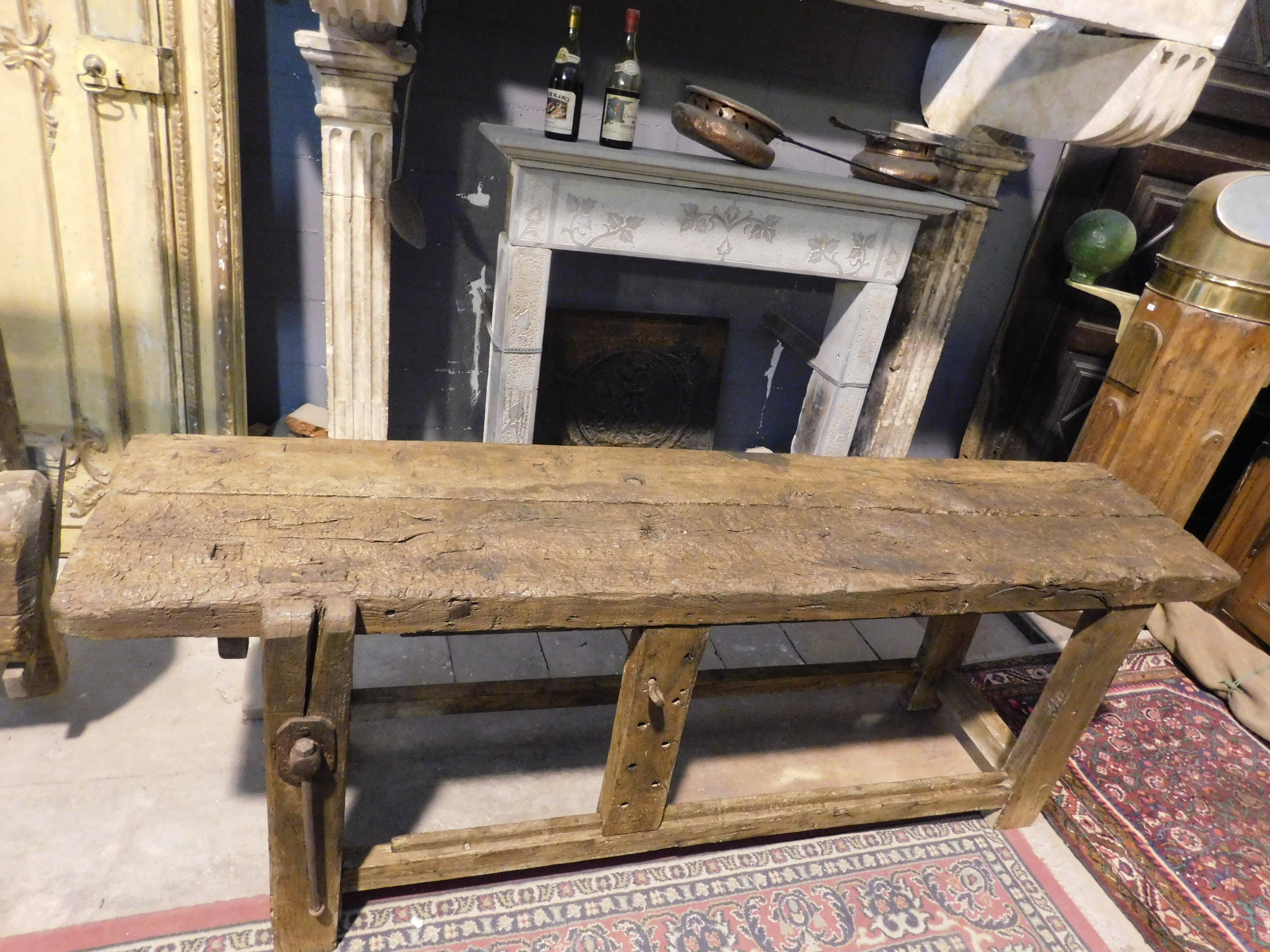 Mesa de trabajo, banco de carpintero de madera maciza, Italia siglo XX
