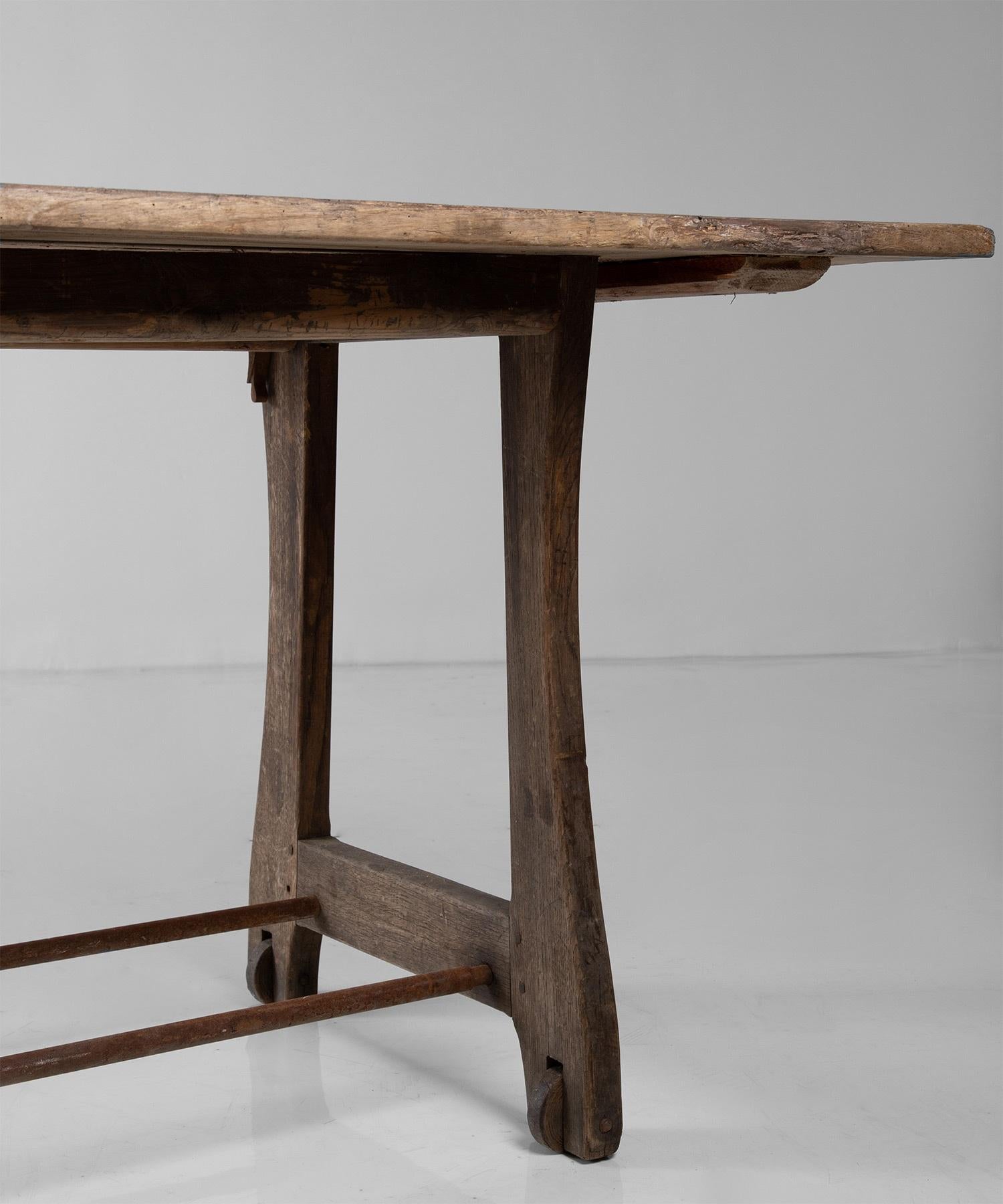 Primitive Work Table with Wooden Wheels, France circa 1900