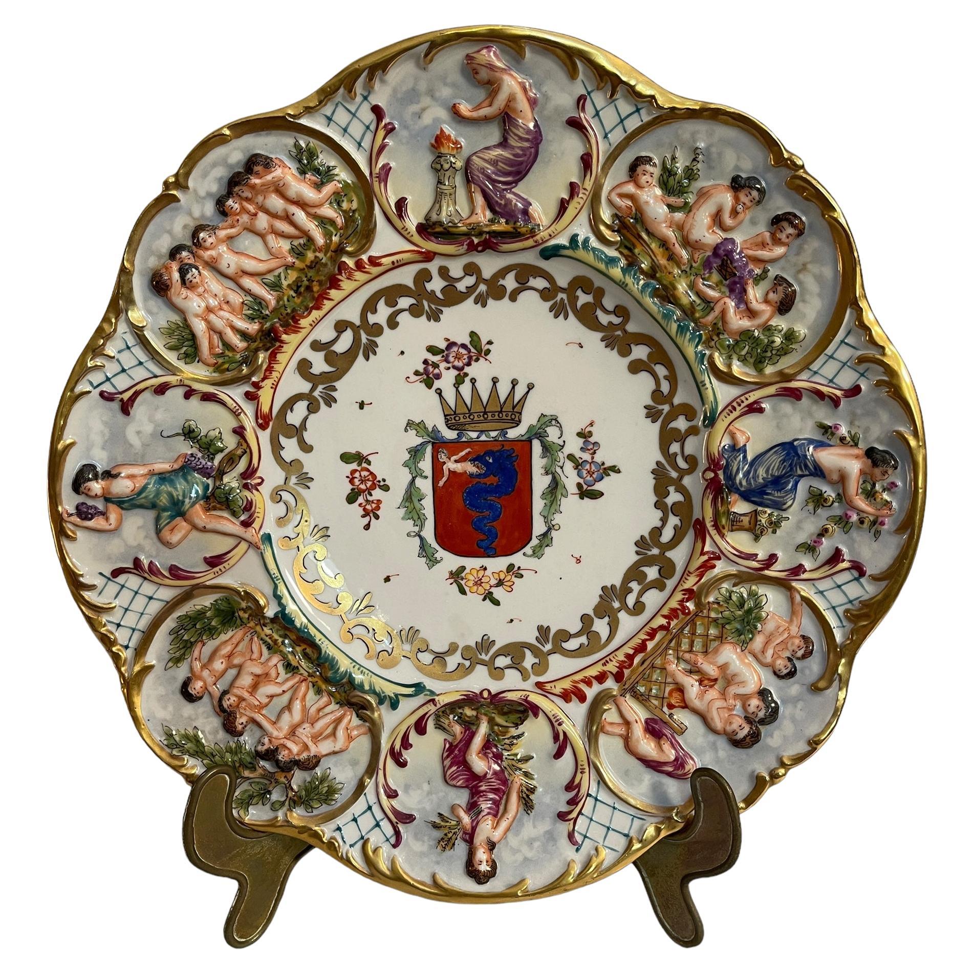 Worked and decorated ceramic plate, Capodimonte, 19th-20th century For Sale