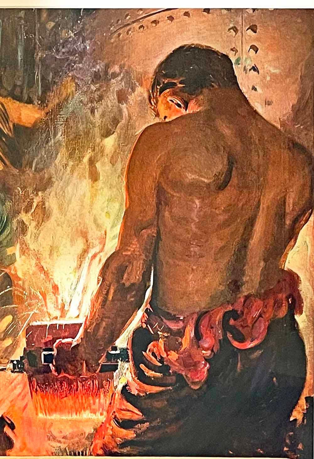 Highly rare and full of rich, dramatic color, this poster depicting three steelworkers, their bodies rosy from the glow of molten steel at their fingertips, was issued by the National Service Bureau Inc. of New York and Chicago to encourage saving