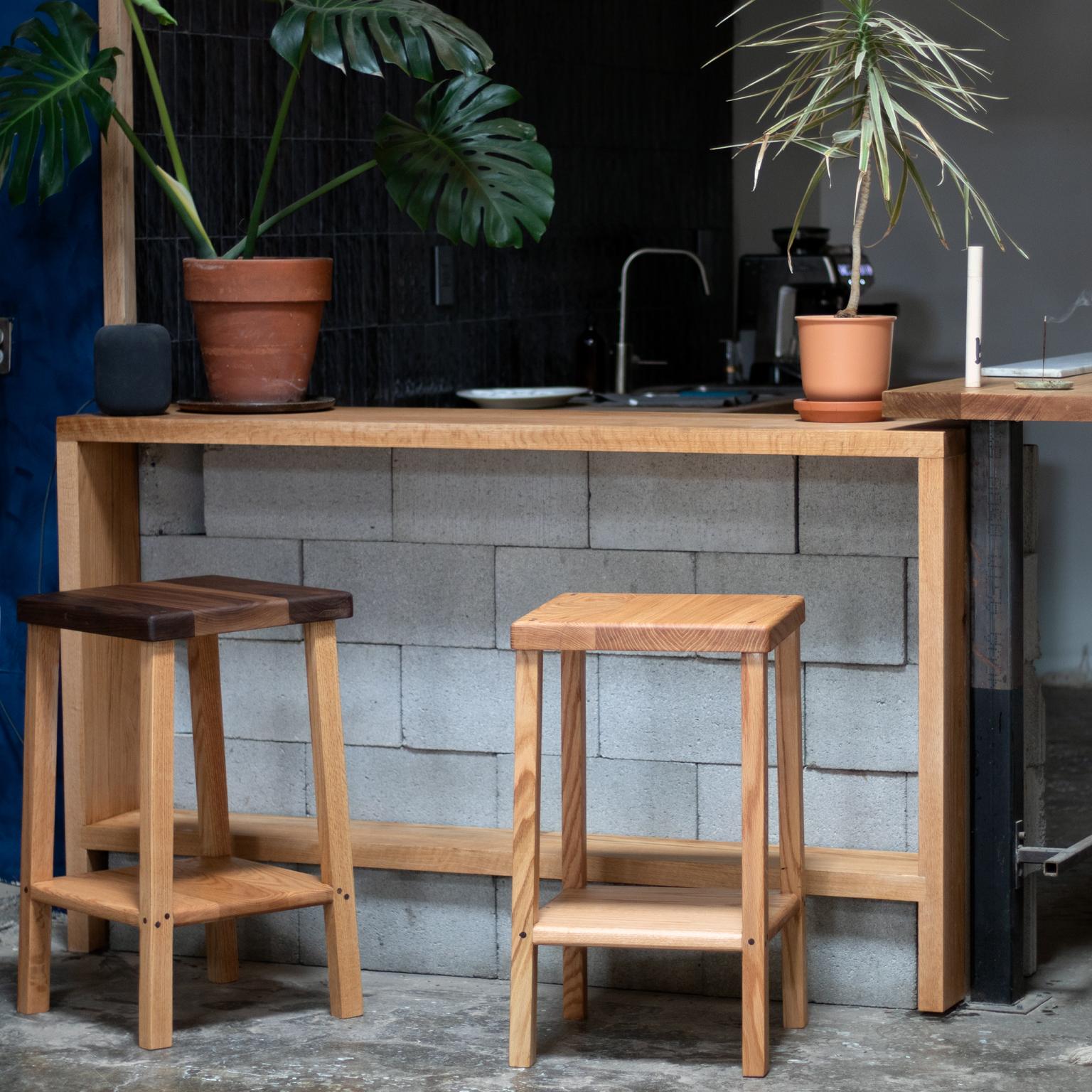 Minimalist Workman Solid Oak and Walnut Bar Stool For Sale