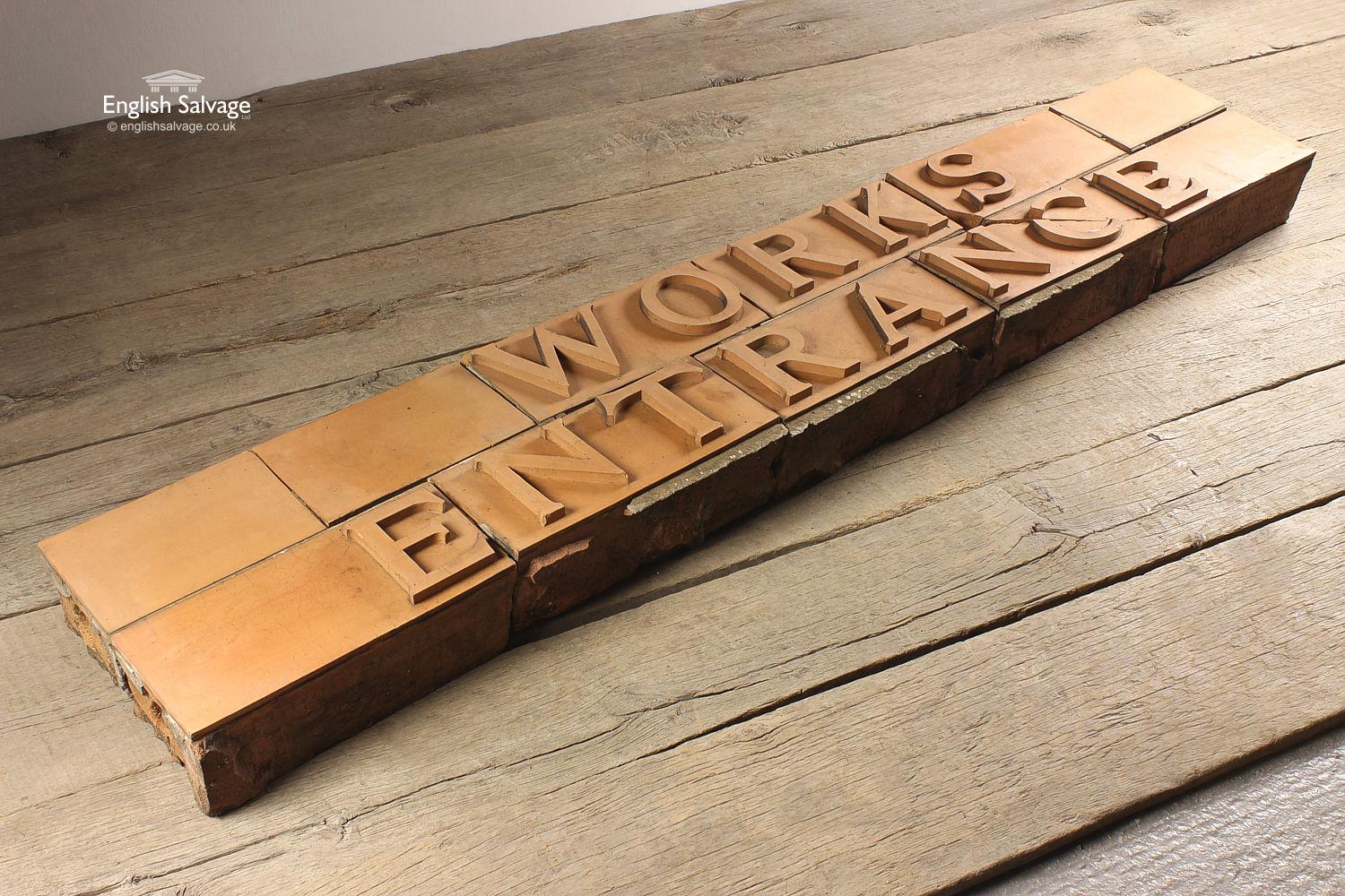 Hand carved terracotta brick block 'works entrance' plaque reclaimed from the late 19th century Excelsior Works factory, founded by Thomas Williams Lench in Blackheath, Rowley Regis. We have a 'girls' hall' decorated plaque from the same factory