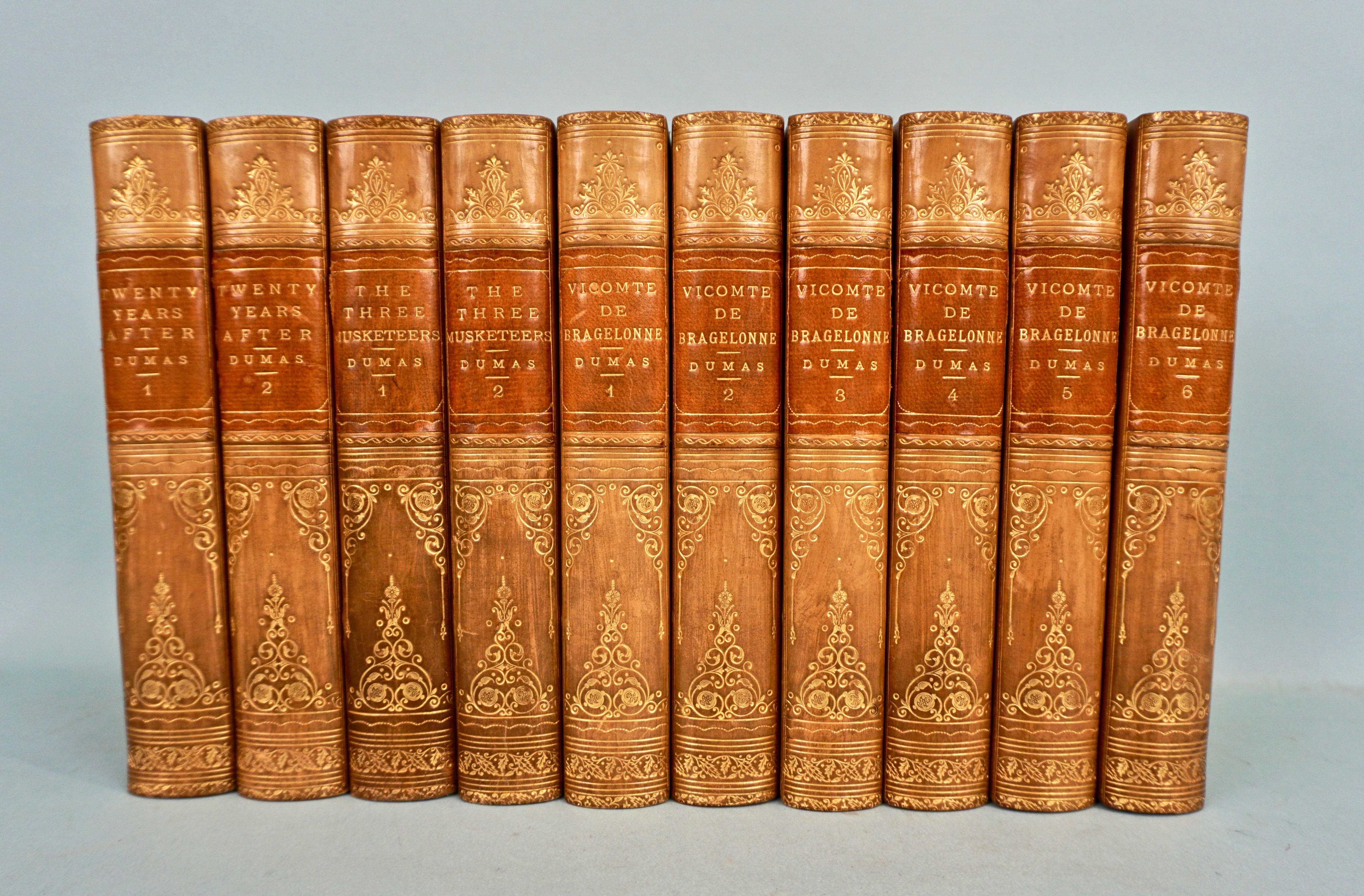 An attractive leatherbound set of the works of Alexandre Dumas in 10 volumes bound in 3/4 gilt calf with marbleized boards and endpapers, the gilt tooled spines with raised bands. Top of pages are gilt. Includes such classics as the Three Musketeers