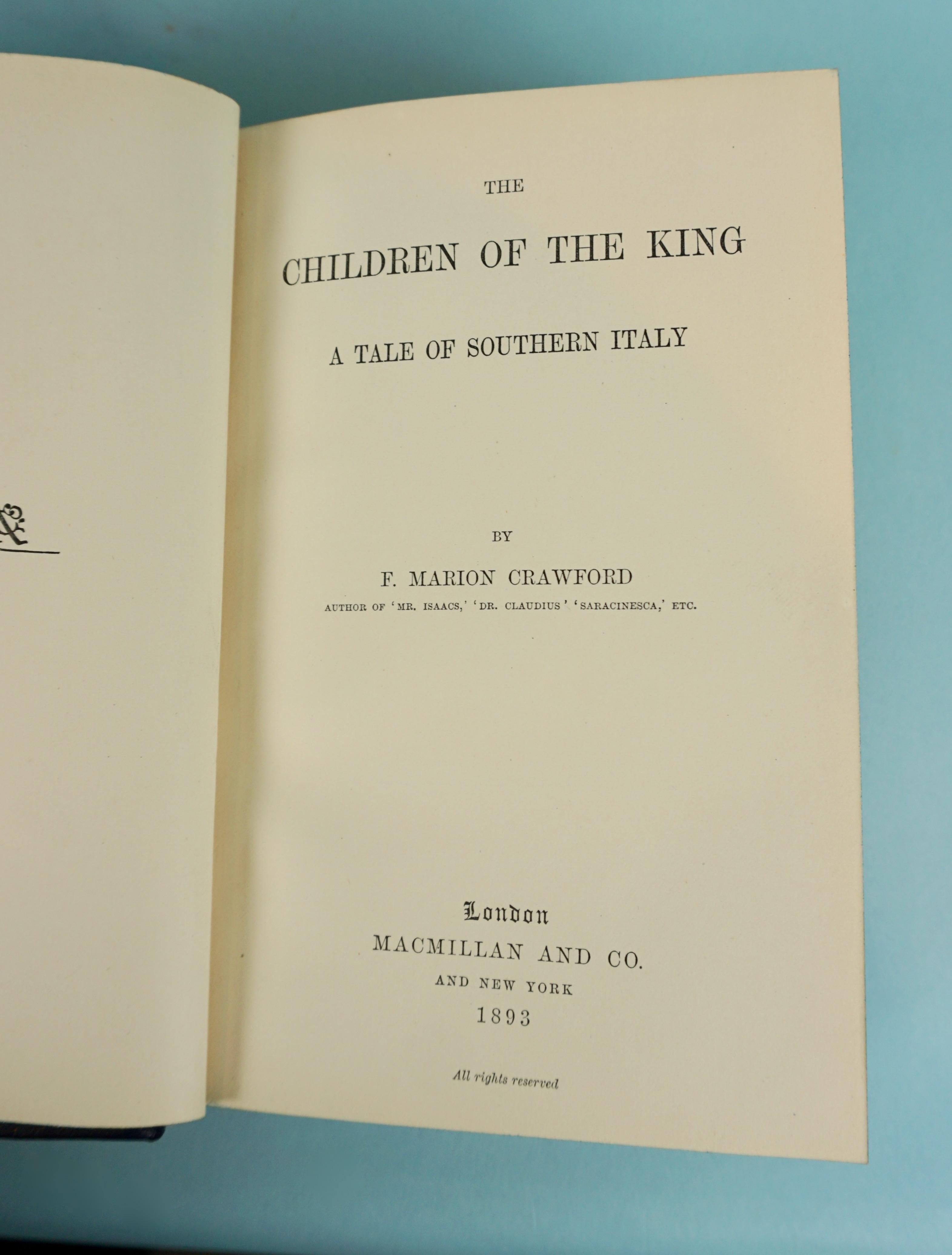 The works of Victorian period American author F. Marion Crawford (1854-1909) an erudite novelist born in Italy, the son of a sculptor. The set includes some of his better known works such as Children of the KIng, a Tale of Italy, Roman Singer and A