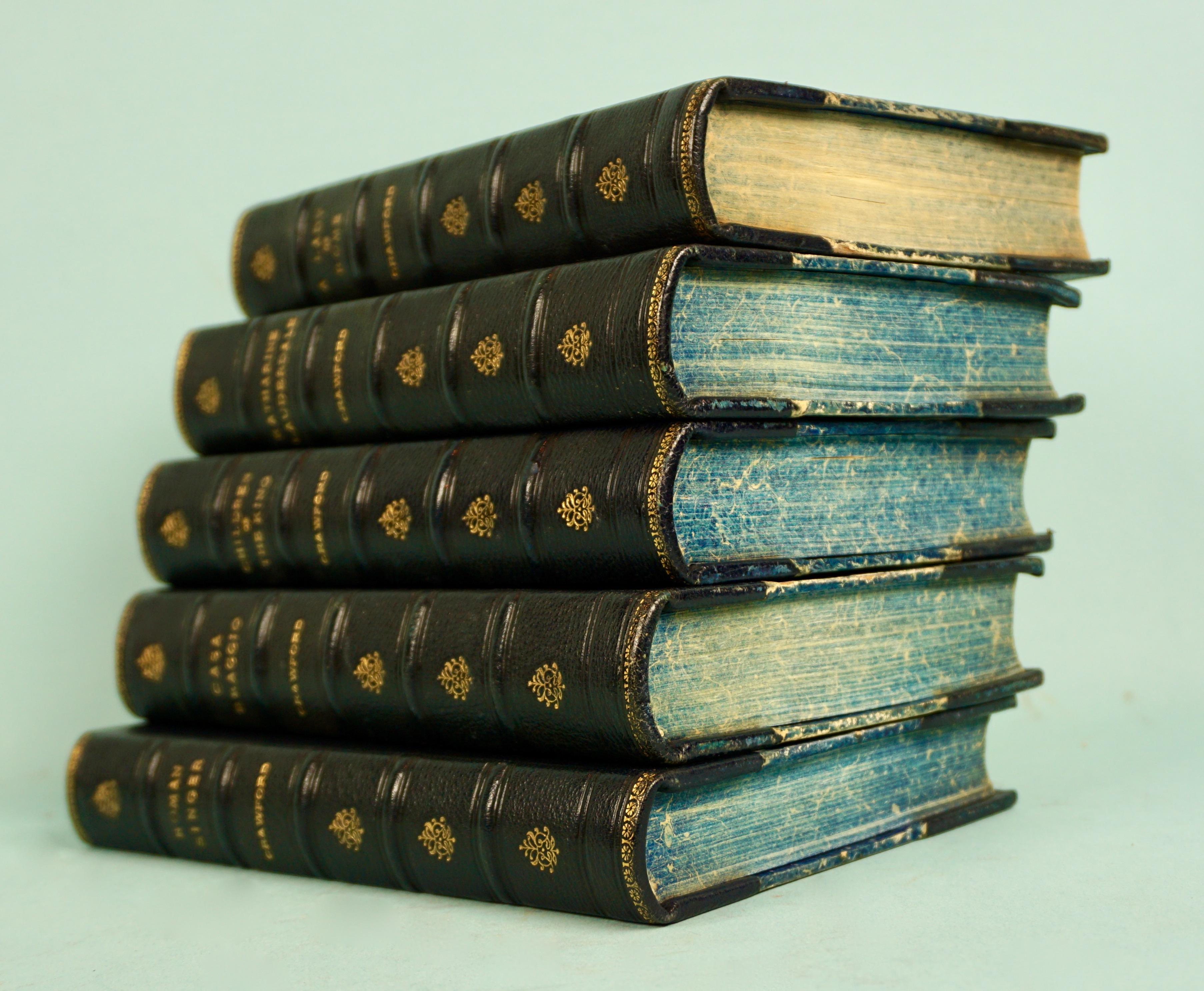 Works of F. Crawford in 5 Volumes Bound in Blue Morocco Leather with Gilt Spines In Good Condition For Sale In San Francisco, CA