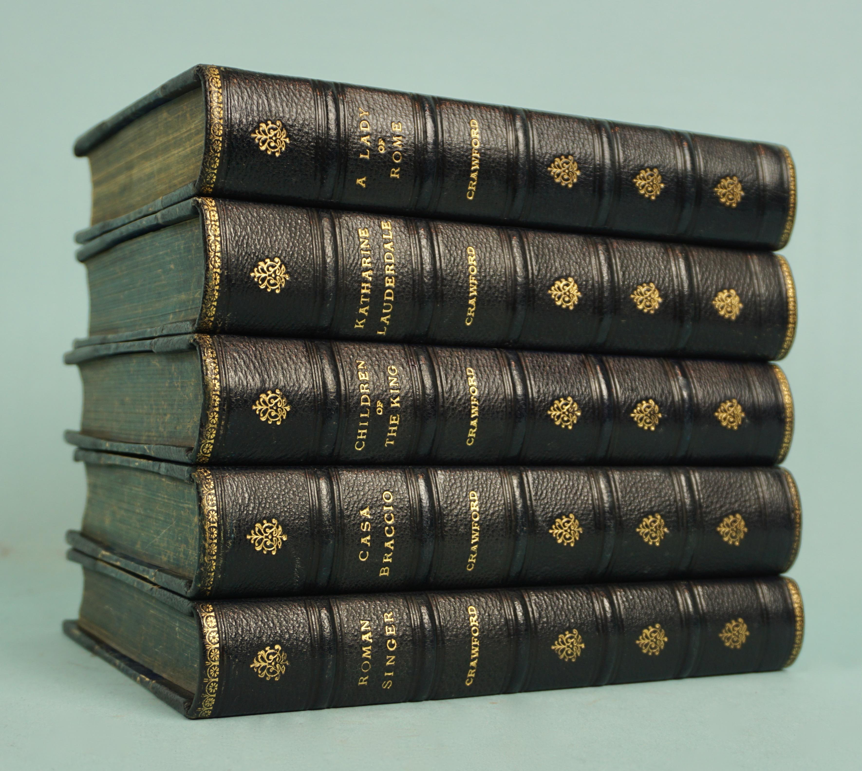 Works of F. Crawford in 5 Volumes Bound in Blue Morocco Leather with Gilt Spines For Sale 1