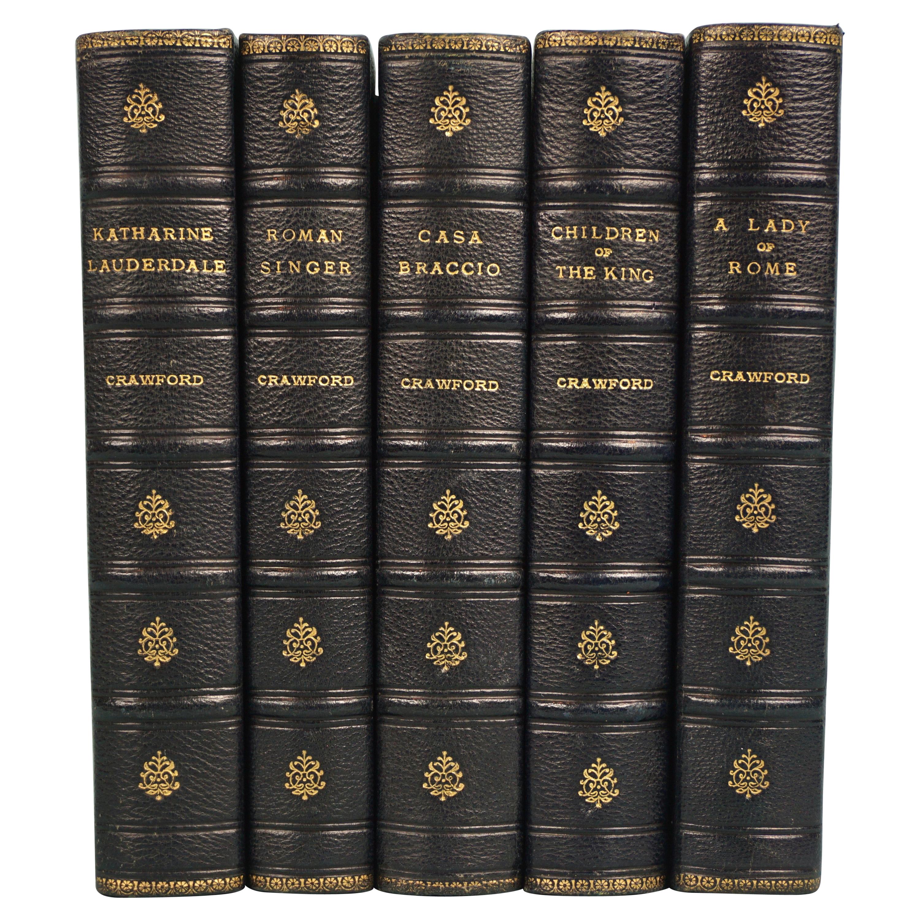 Works of F. Crawford in 5 Volumes Bound in Blue Morocco Leather with Gilt Spines For Sale