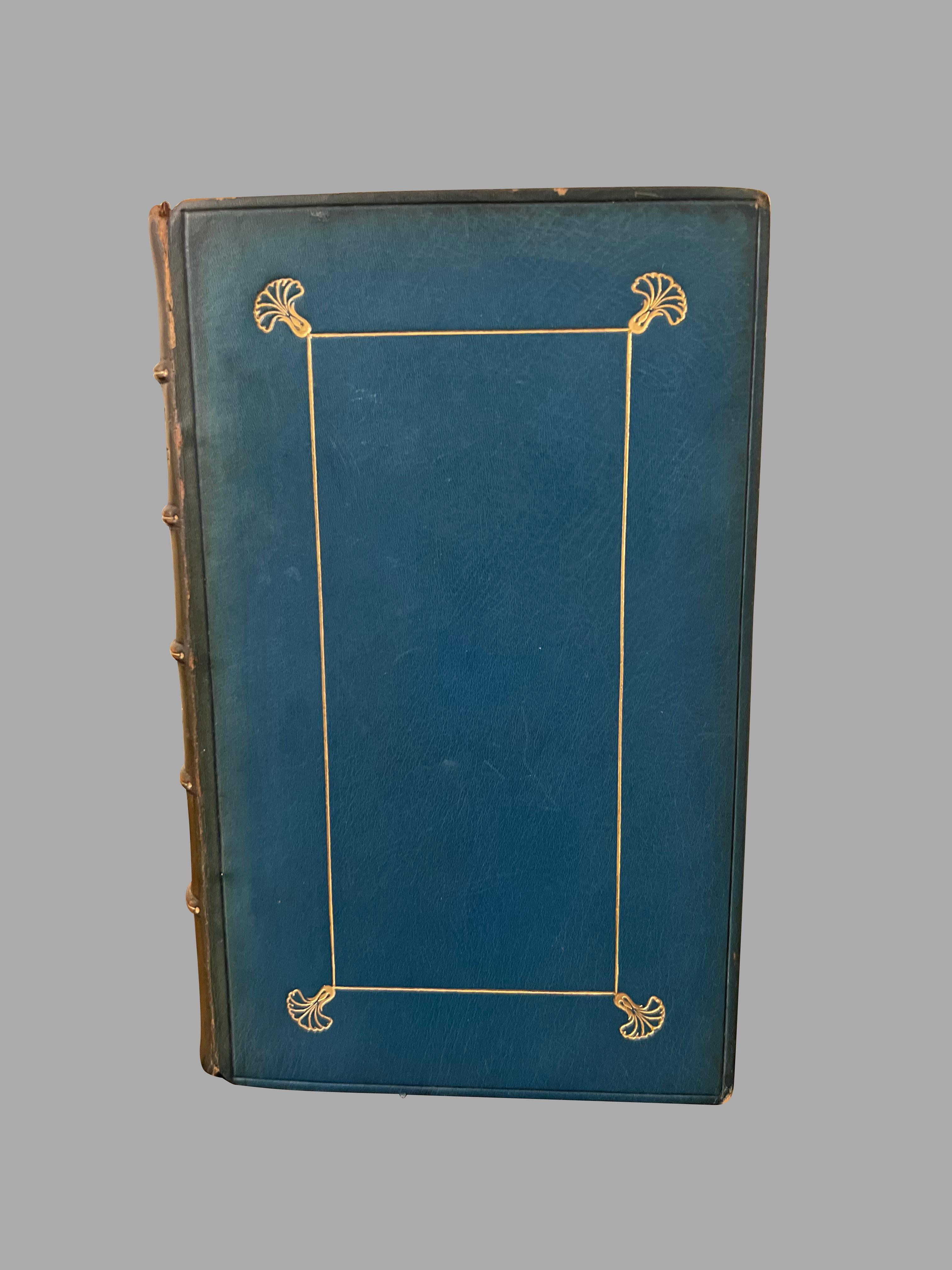 The works of Robert Burns in 8 volumes bound in full blue calf and printed in Waterloo, 1834. One volume as is. Spines sun faded to green 