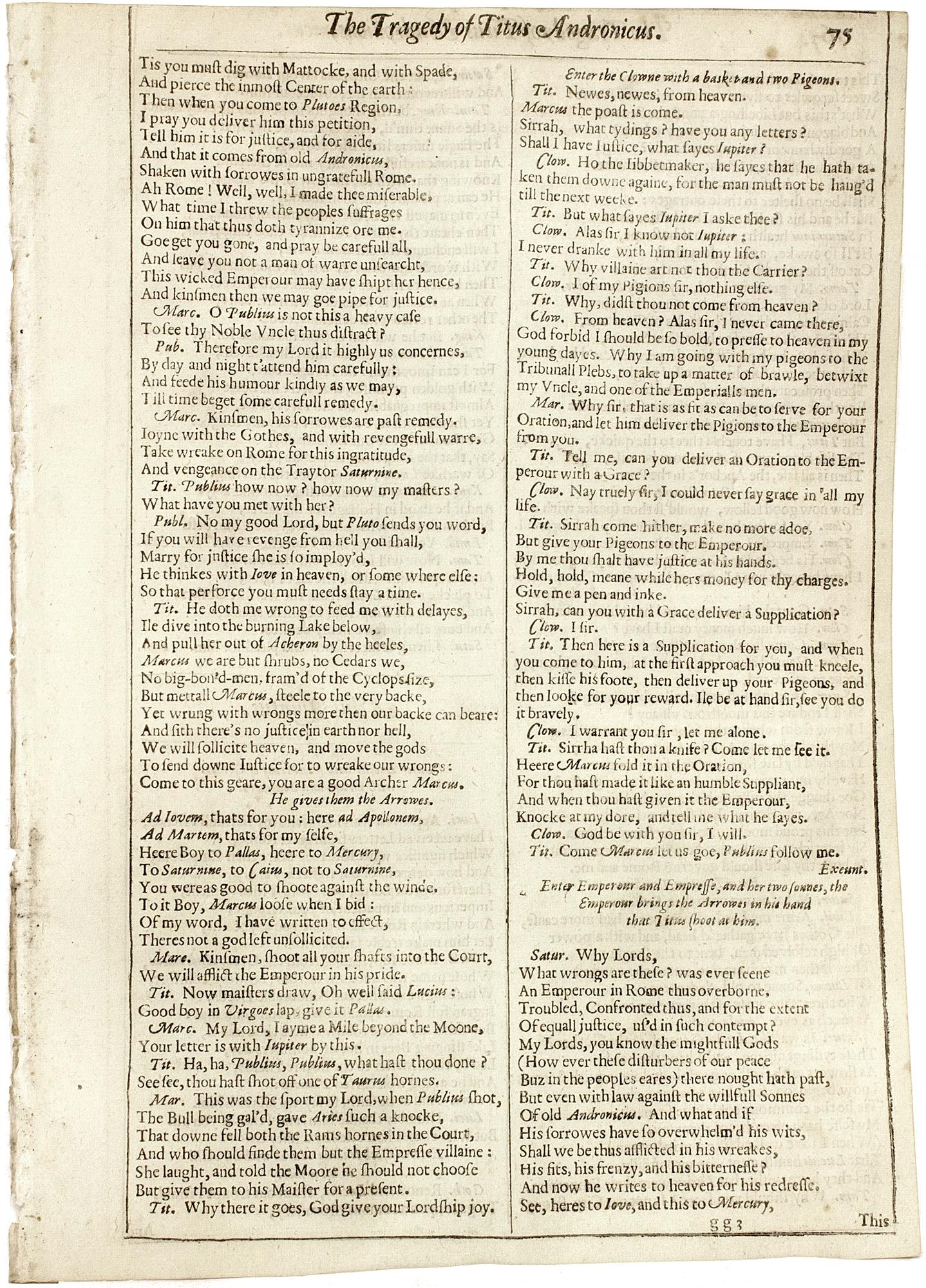 AUTHOR: SHAKESPEARE, William. 

TITLE: The Works of William Shakespeare. (The Tragedy of Titus Andronicus) - page 75-76.

PUBLISHER: London: Smethwick, J., Aspley, W., Hawkins, Richard, & Meighan, Richard, 1632.

DESCRIPTION: THE SECOND FOLIO.
