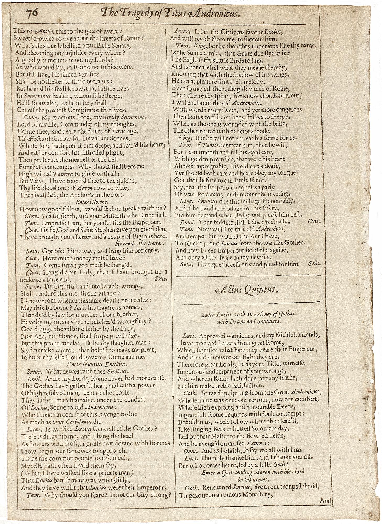 Paper Works of William Shakespeare. 1632 - (Tragedy of Titus Andronicus) - page 75-76 For Sale