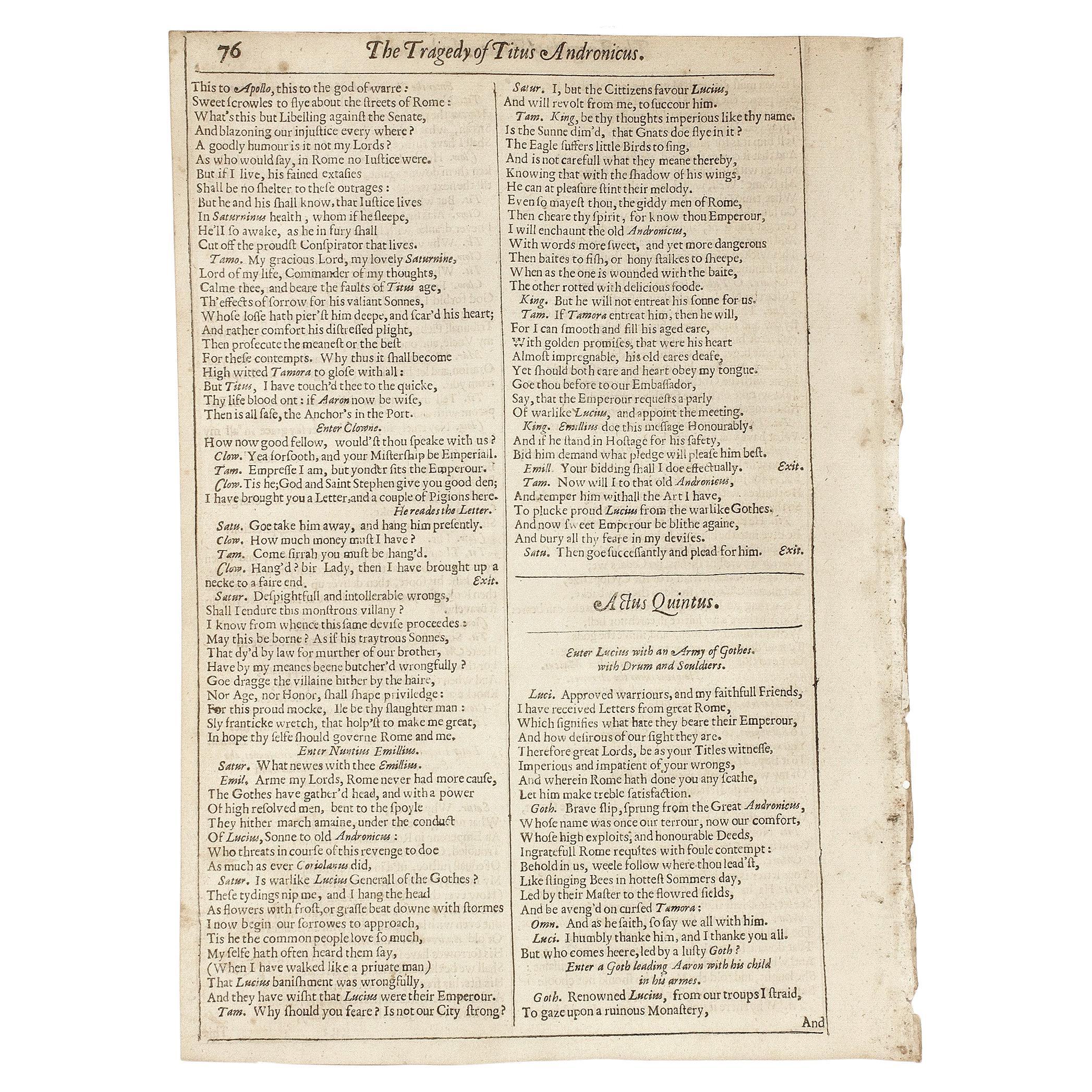 Works of William Shakespeare. 1632 - (Tragedy of Titus Andronicus) - page 75-76 For Sale