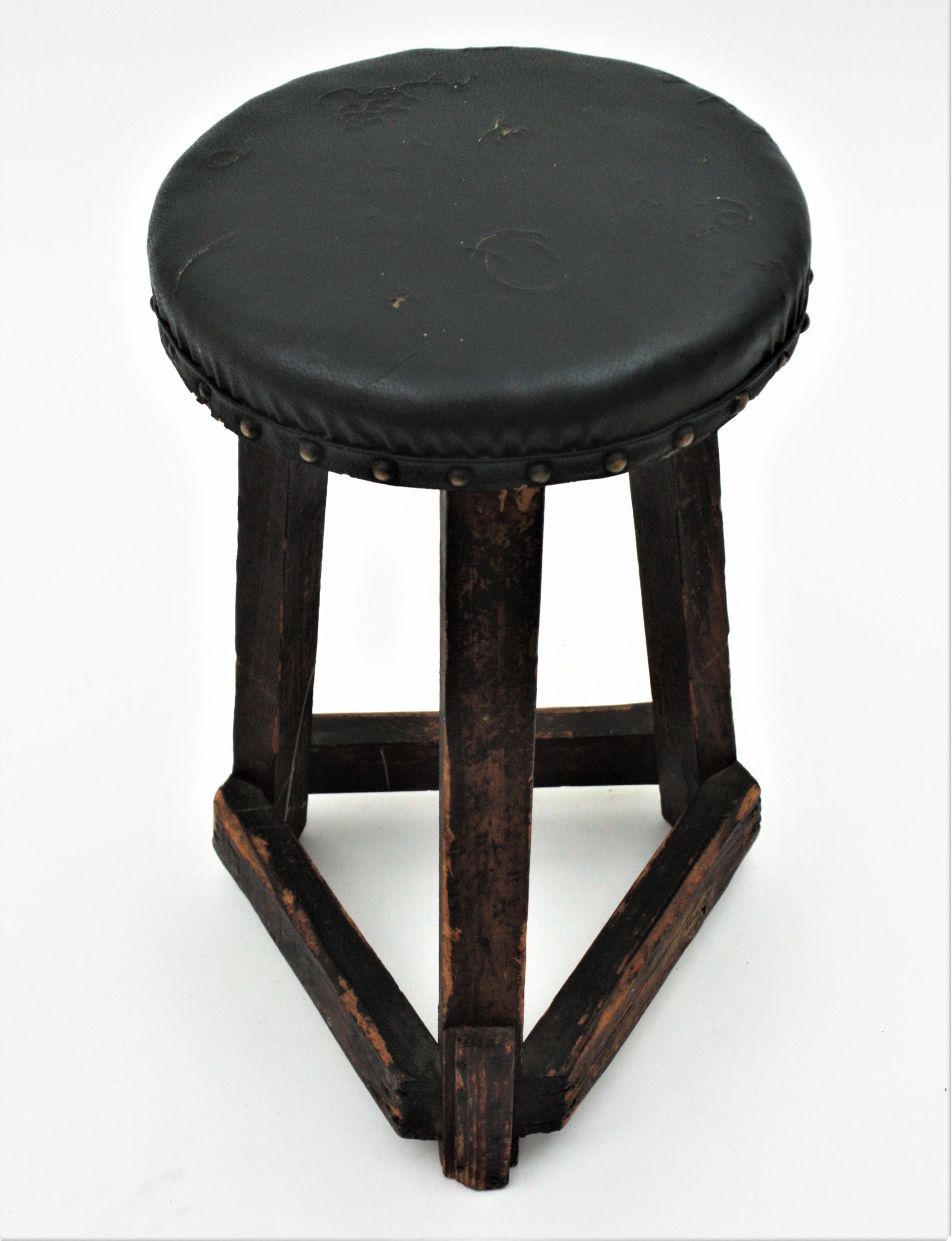 Arts and Crafts Workshop Industrial Wood Tripod Stool For Sale