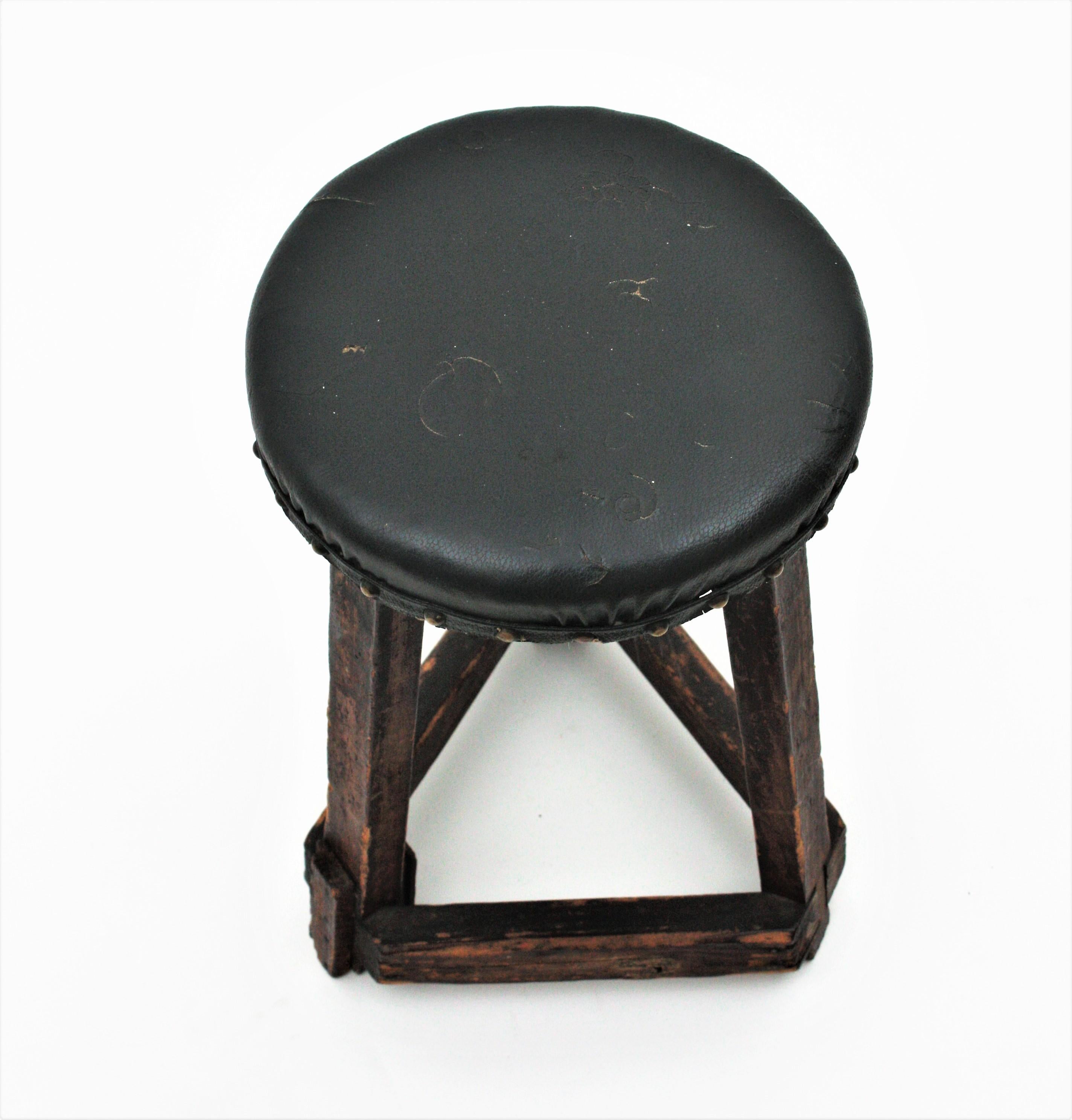 20th Century Workshop Industrial Wood Tripod Stool For Sale