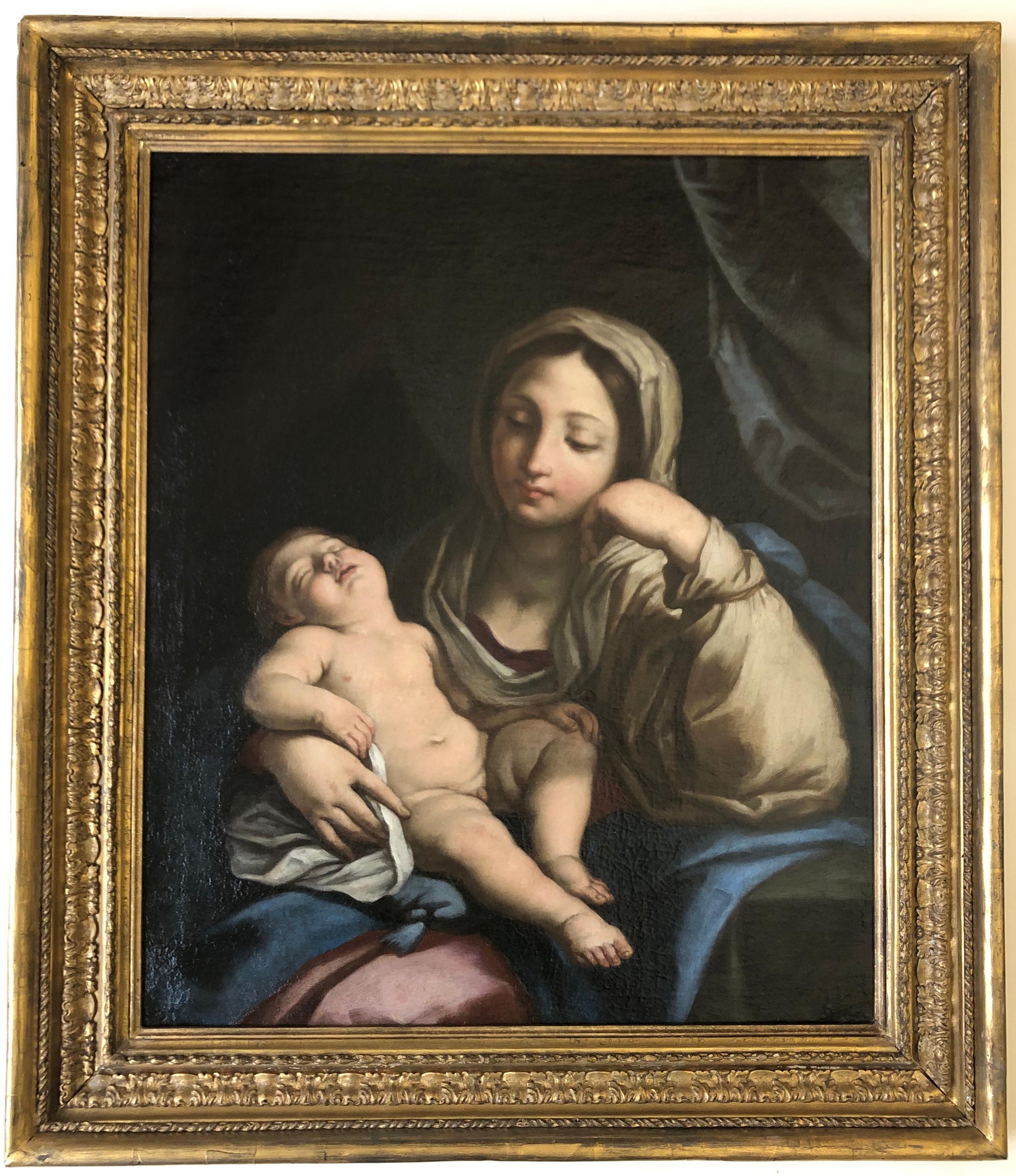 Kreis der Maratta, Maria und Kind, Madonna, Christus, antiker Rahmen, alter Meister – Painting von Workshop Of Carlo Maratta