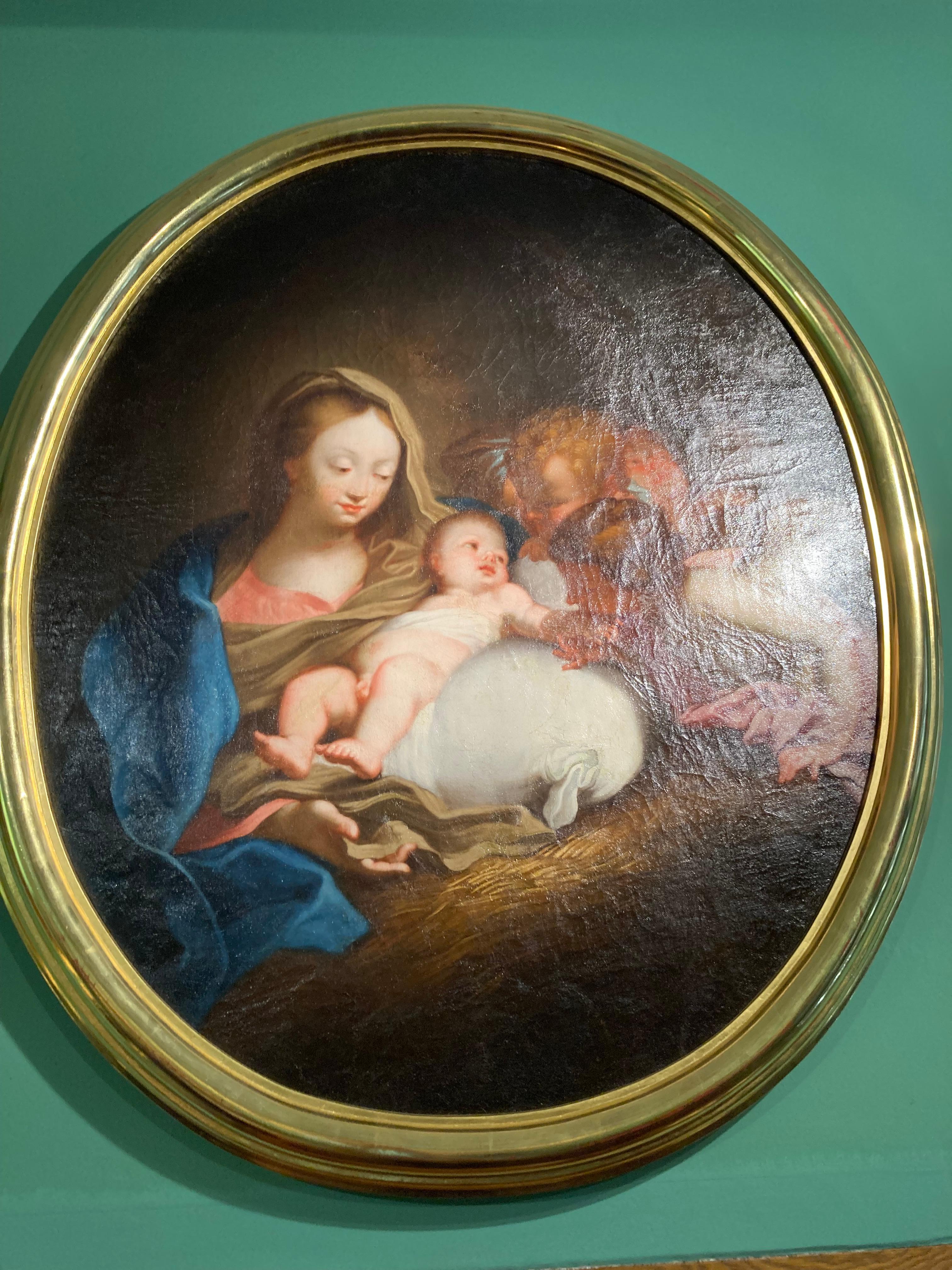 Barocke italienische Altmeisterin, Madonna, Kind, Engel, Oval, Marratta, Weihnachtsfeier – Painting von Workshop Of Carlo Maratta