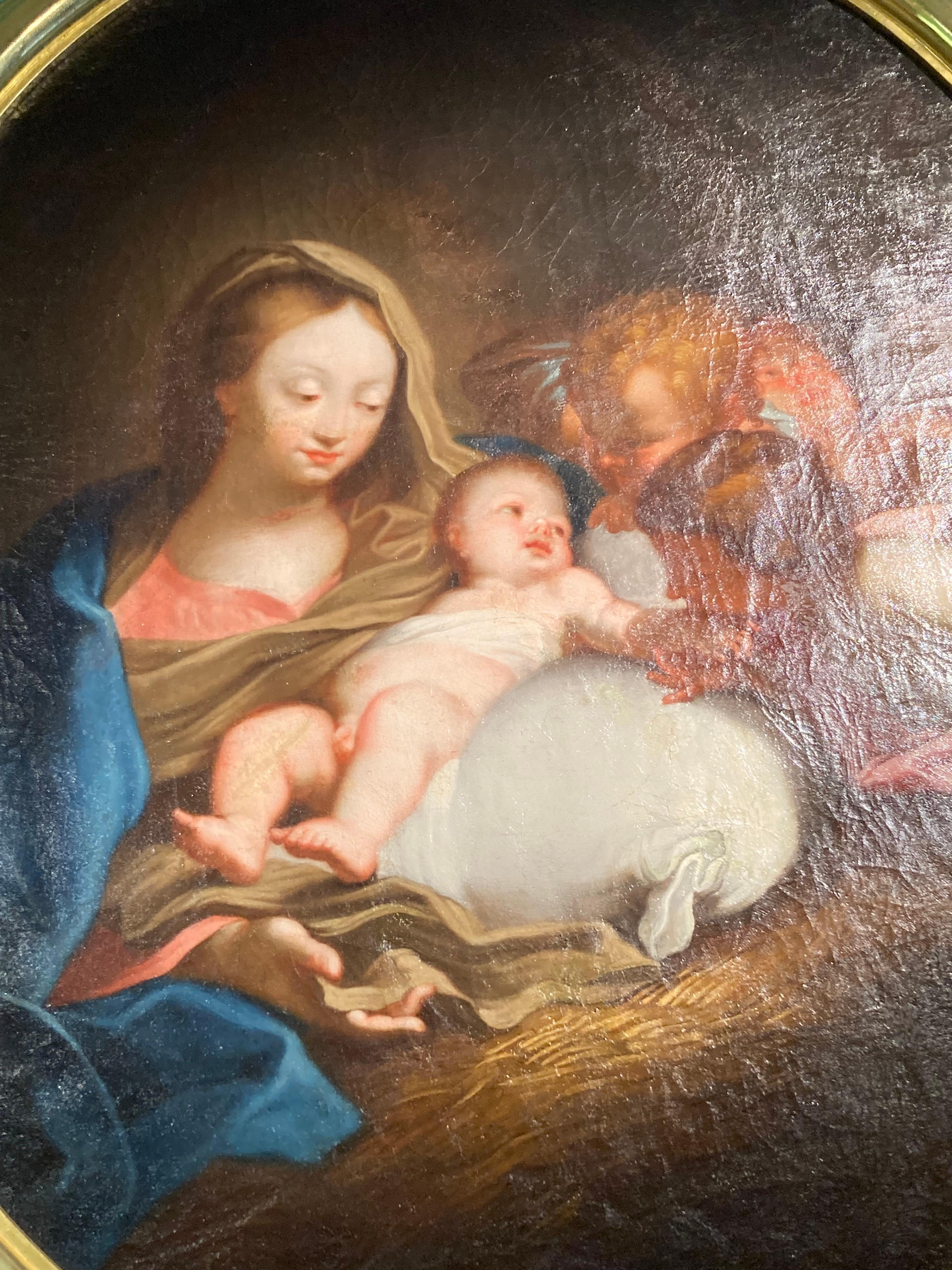 Barocke italienische Altmeisterin, Madonna, Kind, Engel, Oval, Marratta, Weihnachtsfeier (Schwarz), Figurative Painting, von Workshop Of Carlo Maratta