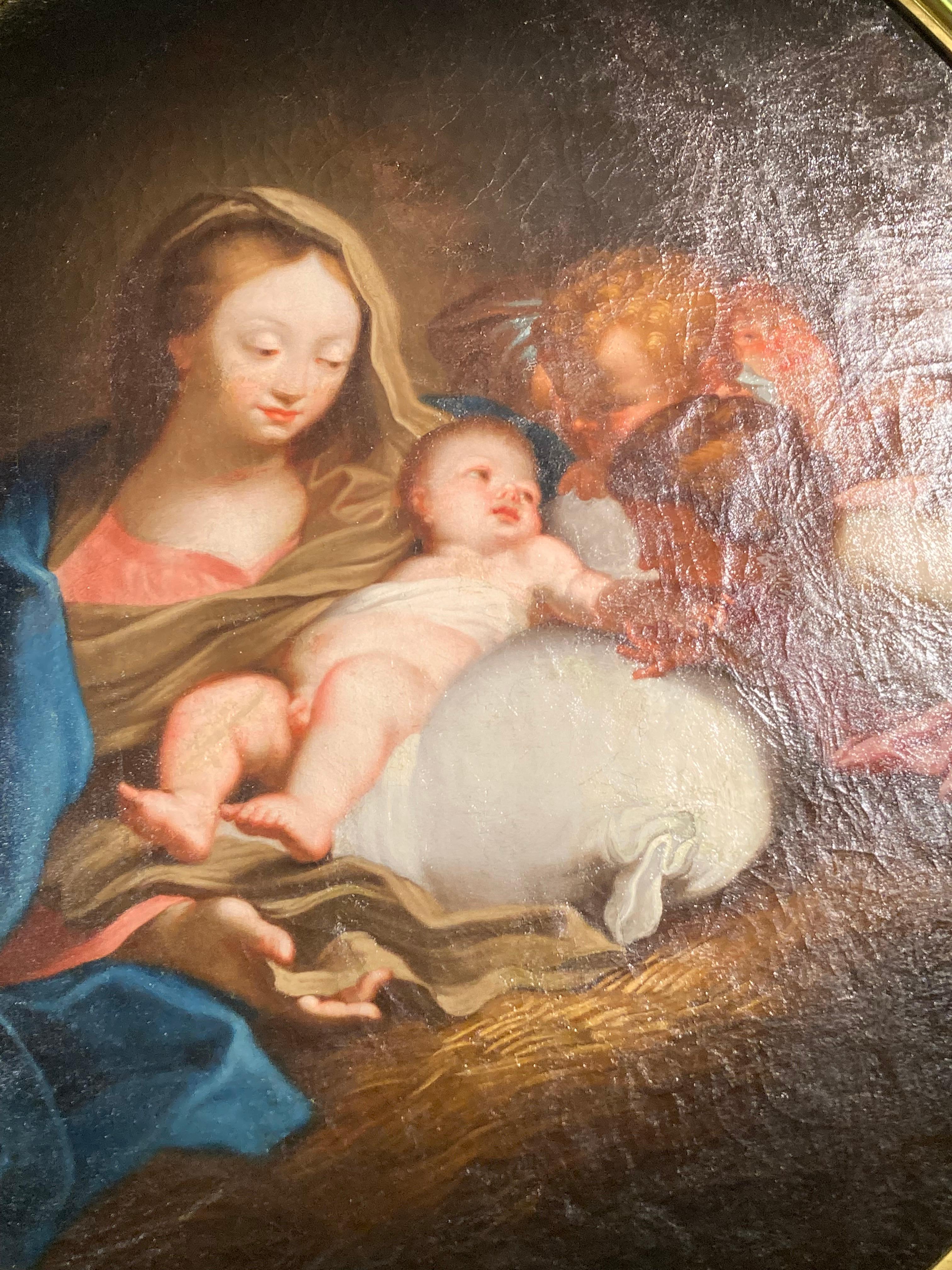 Religiöses Gemälde mit der Darstellung der Madonna und des Kindes, umgeben von Engeln, aus dem Umkreis von Carlo Maratta (Maratti). Dieses Gemälde ist ein wunderbares Beispiel für eine typische römische Anbetungsszene. Aus stilistischen Gründen kann