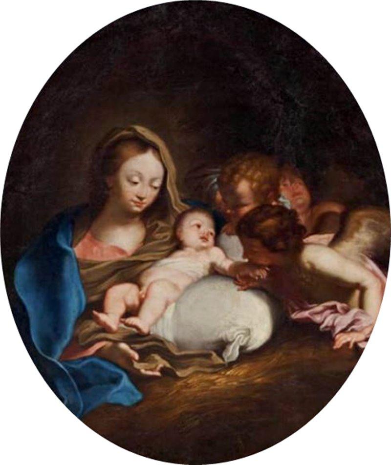 Baroque Old Master Painting, Madonna Child and Angels, Oval, Workshop Marratta