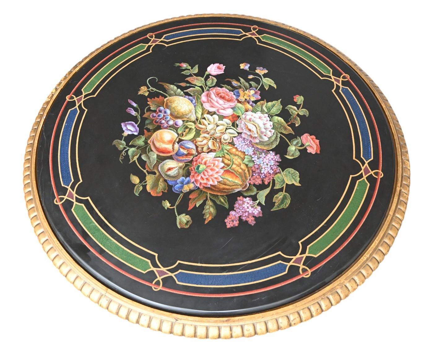 MICHELANGELO BARBERI (Italian, 1787-1867); MICHELANGELO BARBERI WORKSHOP; Micromosaic and centerpiece depicting a bouquet of flowers, high-quality work from the mid-19th century.
This marble top  rests on its original tabletop, made entirely of