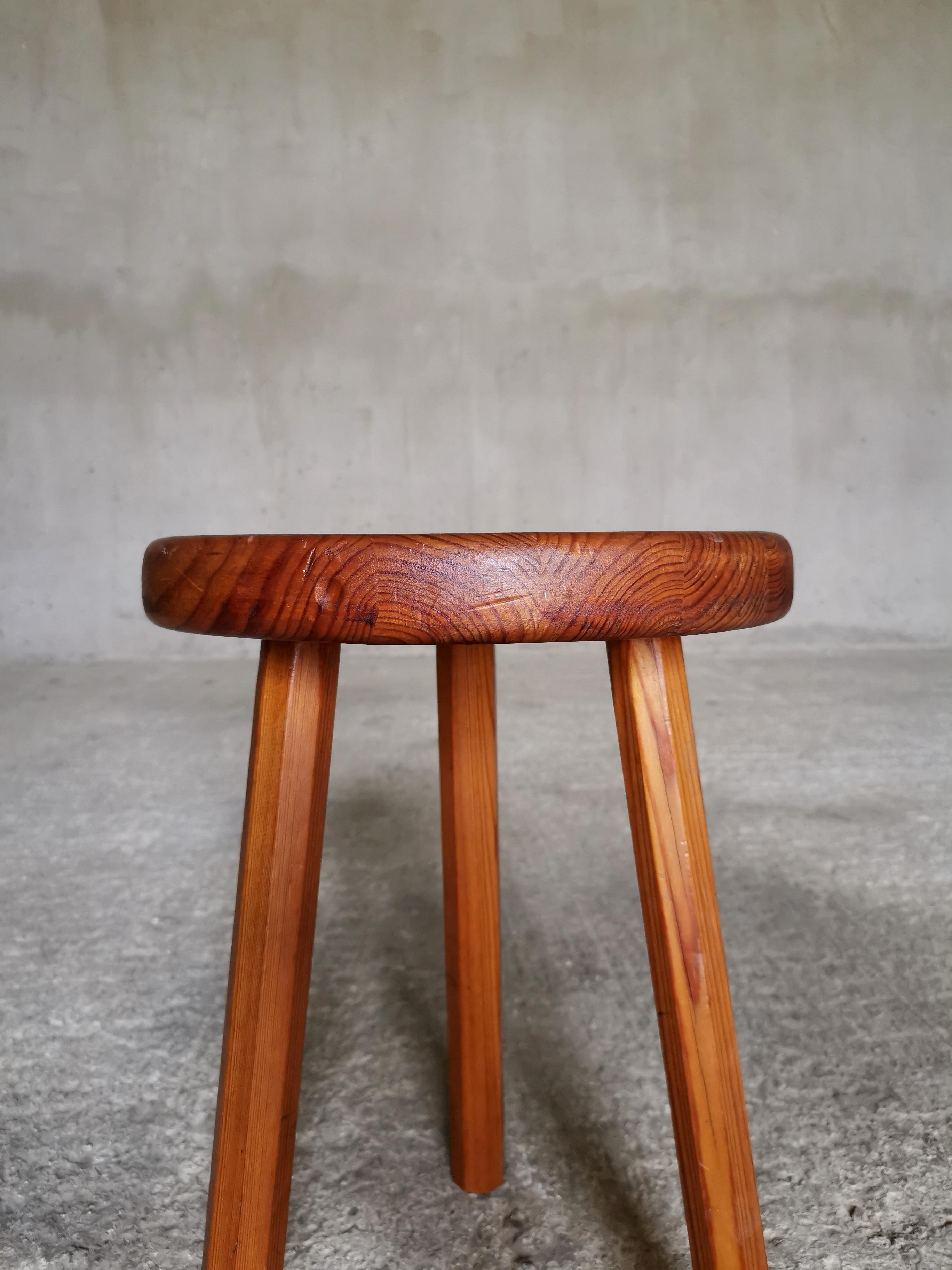 20th Century Workshop stool, solid pine, octagonal legs, Sweden 1940s, Beautiful dark patina. For Sale