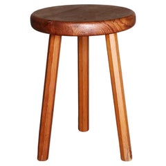Vintage Workshop stool, solid pine, octagonal legs, Sweden 1940s, Beautiful dark patina.